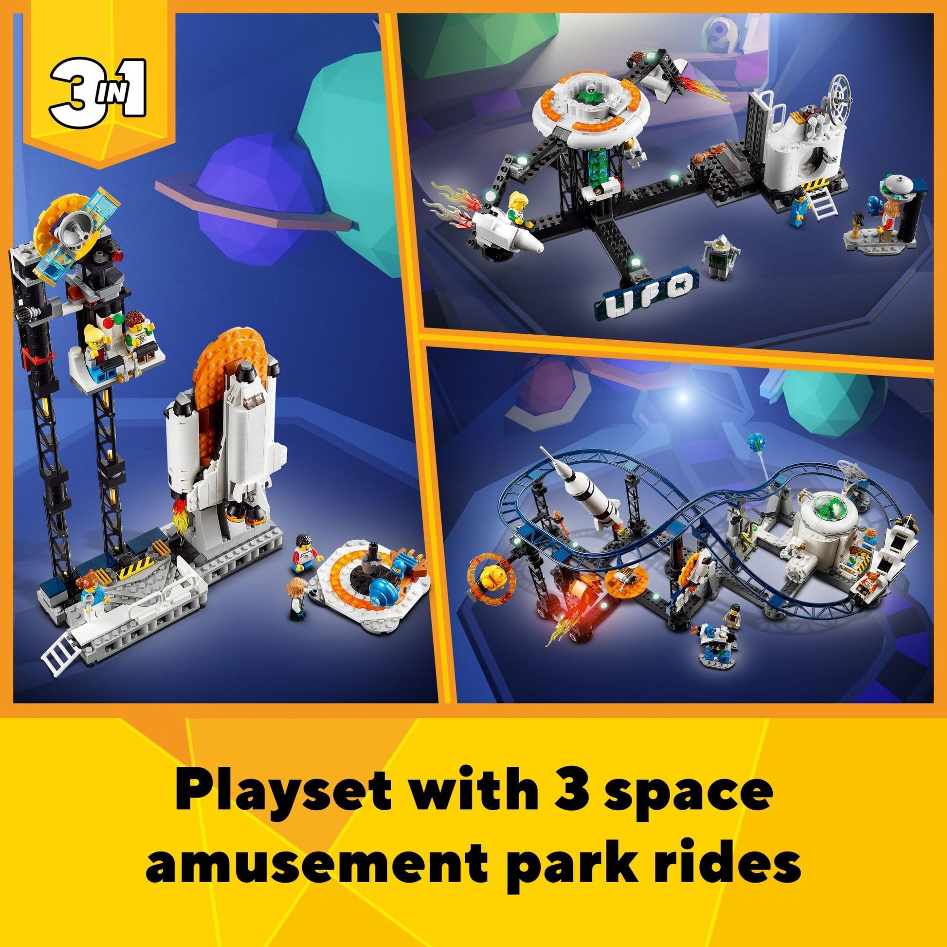 Lego Creator 3 in 1 Space Roller Coaster Building Toy Set Featuring a Roller Coaster, Drop Tower, Carousel and 5 Minifigures, Rebuildable Amusement Park for Kids Ages 9+, 31142 - Medaid International
