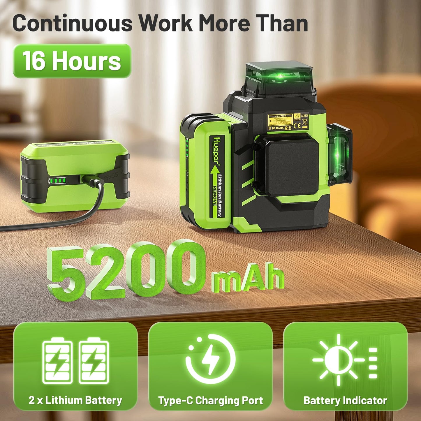 Huepar Laser Level 3x360 Self Leveling with 2 Rechargeable Batteries, 3D 12 Lines High Brightness Green Laser Level for Construction or Home Renovation, LS03CG - Medaid International