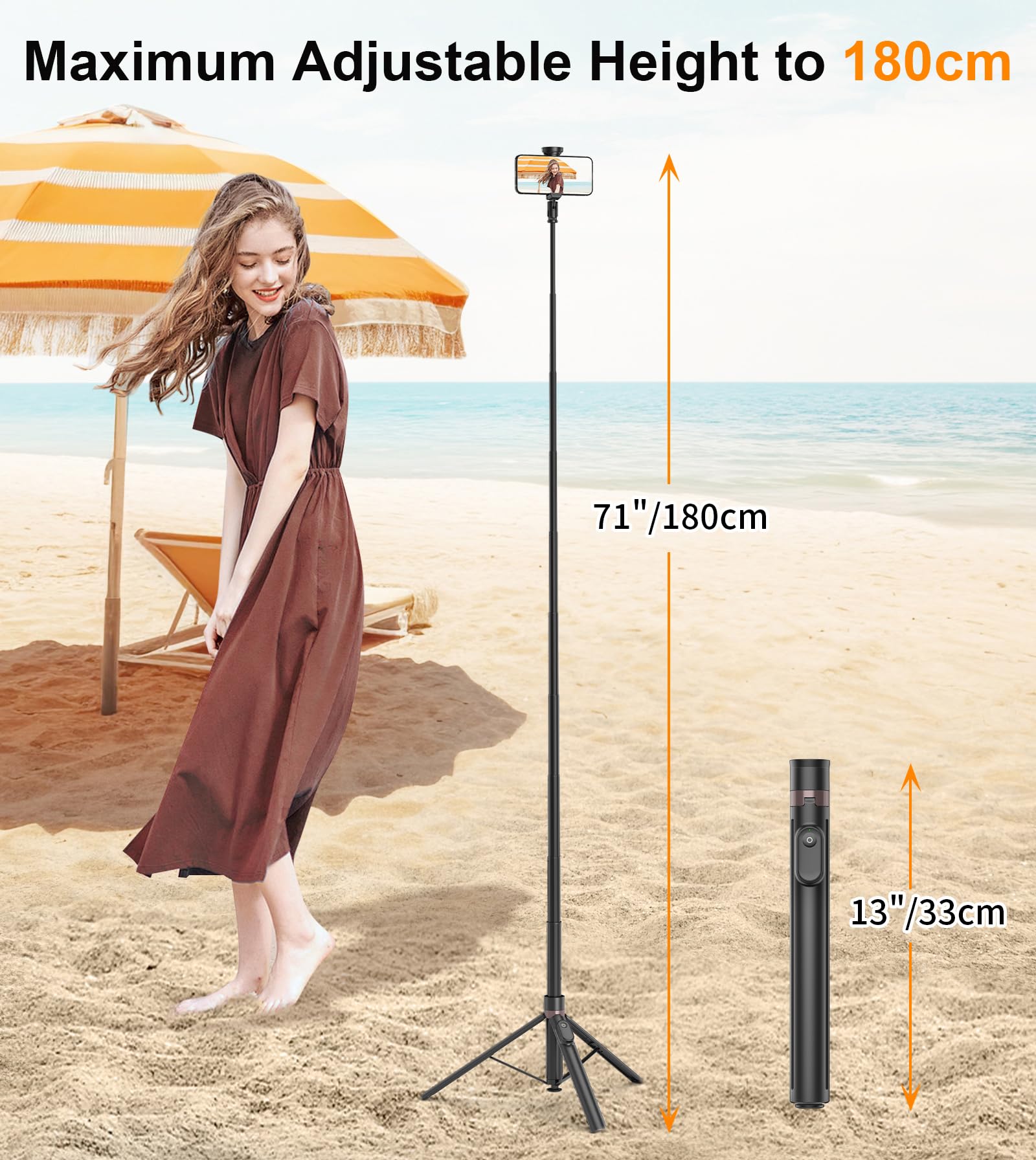 TONEOF 180cm Automatic Selfie Stick, 360° Rotation Phone Stand with Magnetic Remote, Cell Phone Tripod Compatible with iPhone (Black) - Medaid International