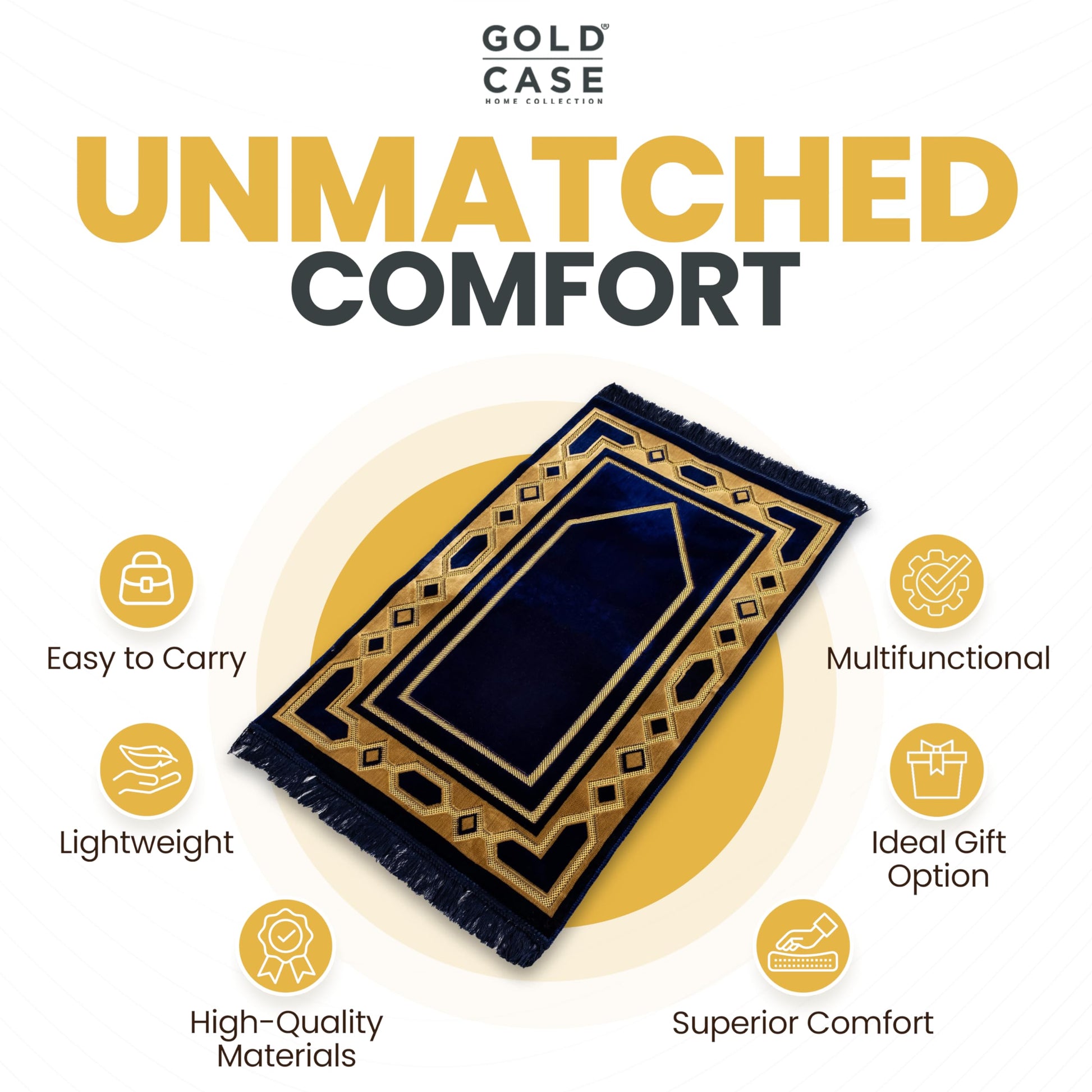 Gold Case Home Collection Islamic Prayer Mat - Islam Praying Rug for Muslim Women & Men - Soft Turkish Salah Mats Eid & Ramadan Gifts - Pray Bead (Tesbih) Included - Made in Turkiye - Navy Blue - Medaid International