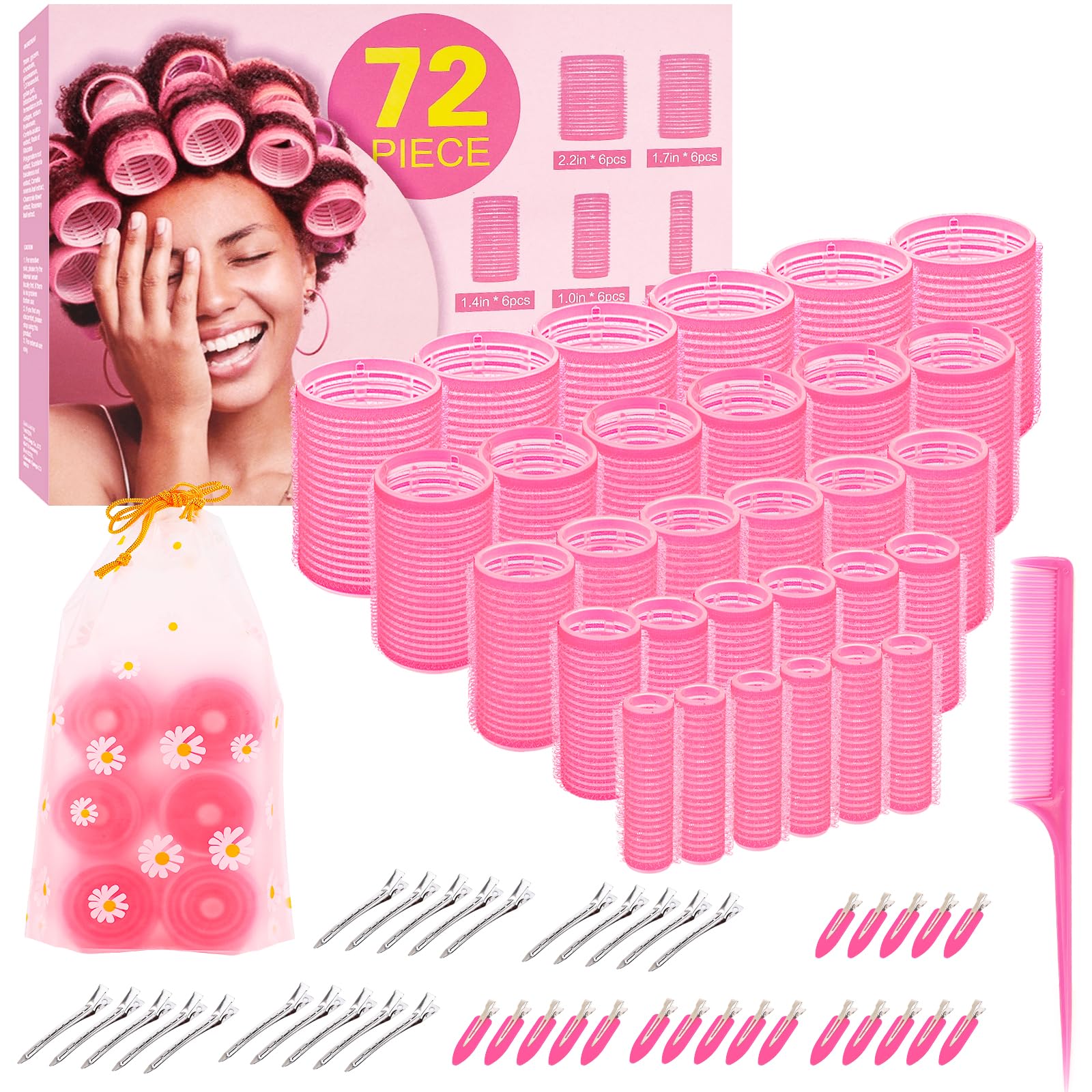 5 Size Hair Rollers, 72Pcs Roller Set, Hair Curlers for Blowout Look Long, Short Hair, Jumbo Large Big Small 30 Hair Rollers, 40 Roller Clips, Tail Comb, Storage Bag - Medaid International