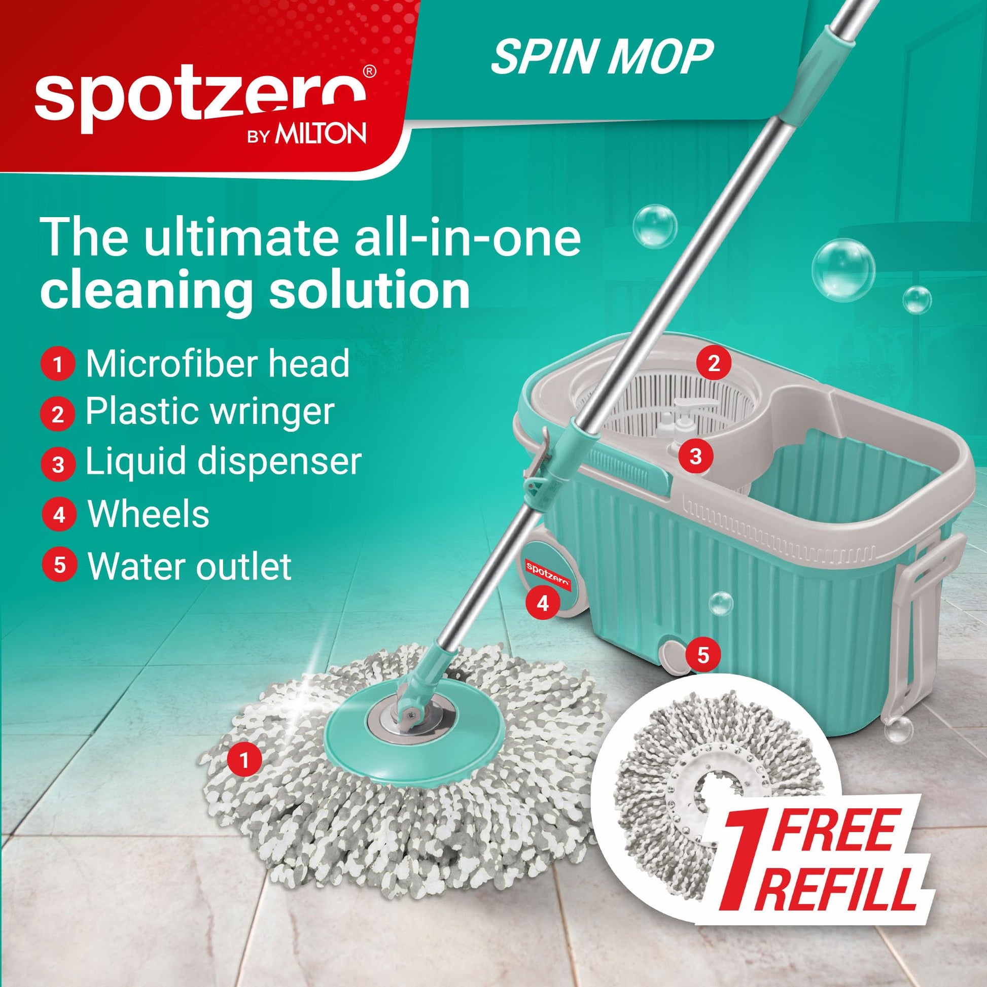 Spotzero by Milton Spin mop Bucket with Wringer on Wheels, Extendable Handle 360 Spin mops for Floor Cleaning, 2 Microfiber Refills, Aqua Green Elite - Medaid International