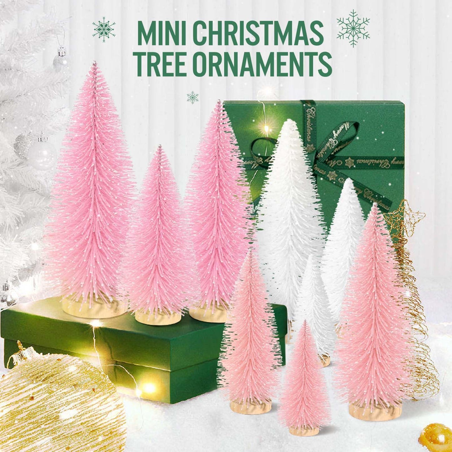 9Pcs Mini Christmas Trees Christmas Decor Artificial Christmas Decorations with 4 Sizes, Christmas Tree Bottle Brush Trees Christmas Table Decorations (Pink Light Pink White) - Medaid International