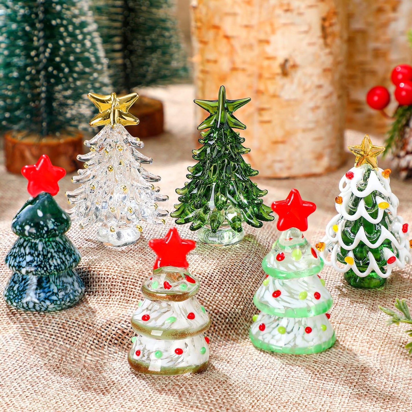 6 Pcs Glass Christmas Tree Gifts Set 2.4" Mini Green Crystal Christmas Trees Figurines Small Tabletop Holiday Decor Glass Xmas Miniature Trees Gift Ornaments for Xmas Party Living Room Mantel Tabletop - Medaid International