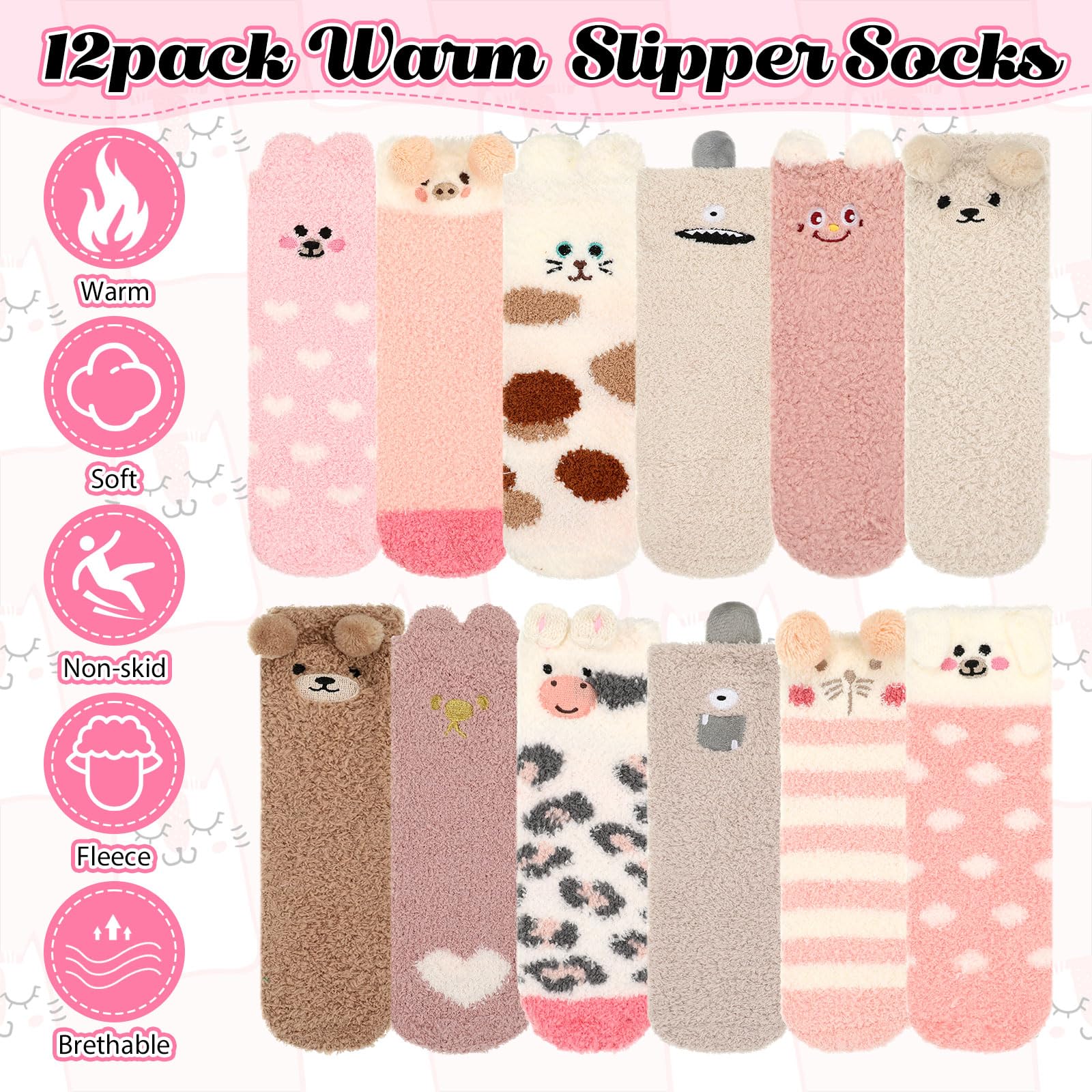 Foaincore 12 Pairs Women Fuzzy Socks Soft Fluffy Cute Animal Slipper Socks Winter Warm Sleeping Slipper Xmas Gift for Girls Women(Classic) - Medaid International