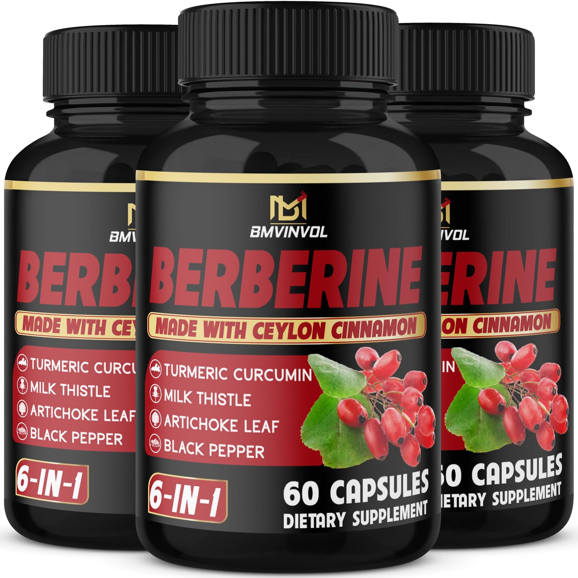 (3 Packs) Berberine Supplement Plus Ceylon Cinnamon, Milk Thistle, Turmeric, Artichoke Leaf, Black Peppe - 6 Month Supply - 180 Capsules Total - Medaid International