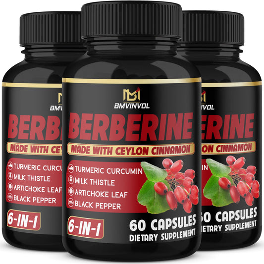 (3 Packs) Berberine Supplement Plus Ceylon Cinnamon, Milk Thistle, Turmeric, Artichoke Leaf, Black Peppe - 6 Month Supply - 180 Capsules Total - Medaid International