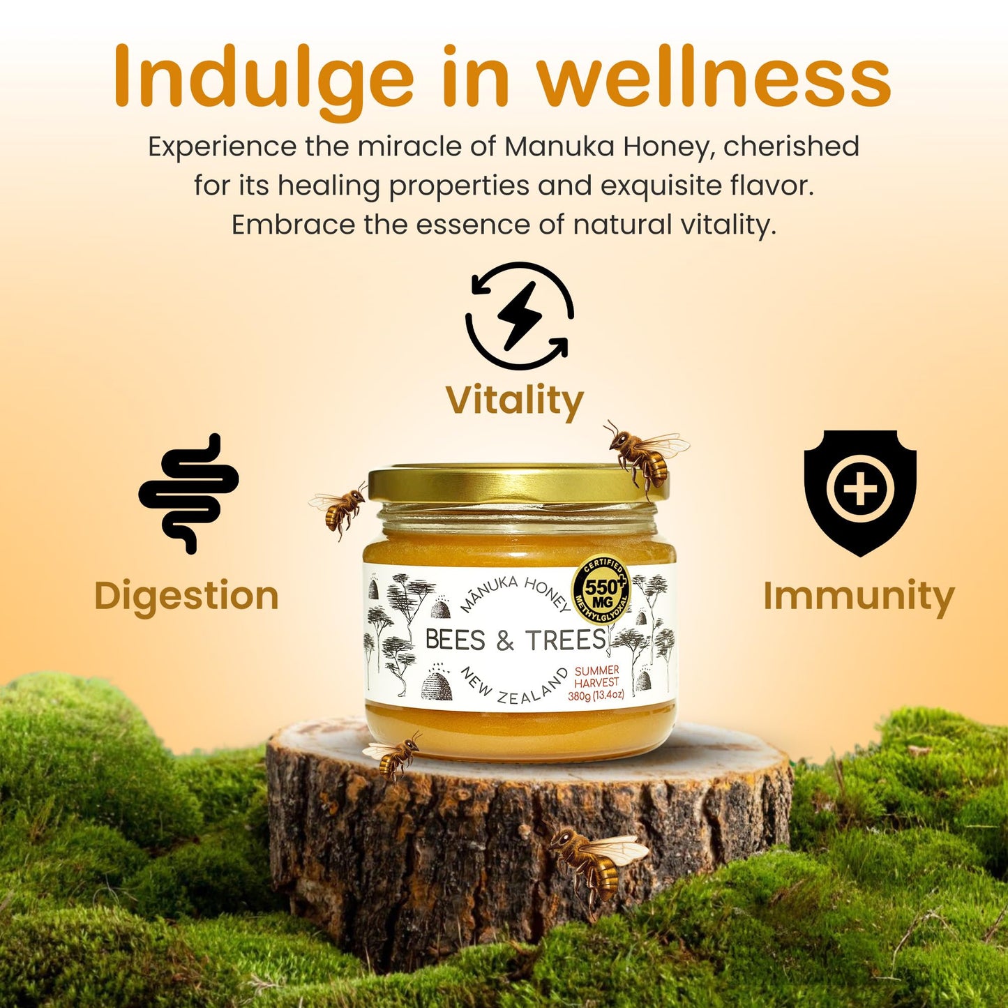 Bees & Trees Manuka Honey 550+ MGO – Pure New Zealand Raw Monofloral Honey – Unpasteurized & Natural – 380g (13.4oz) Glass Jar – Perfect for Coffee, Tea & Daily Wellness - Medaid International