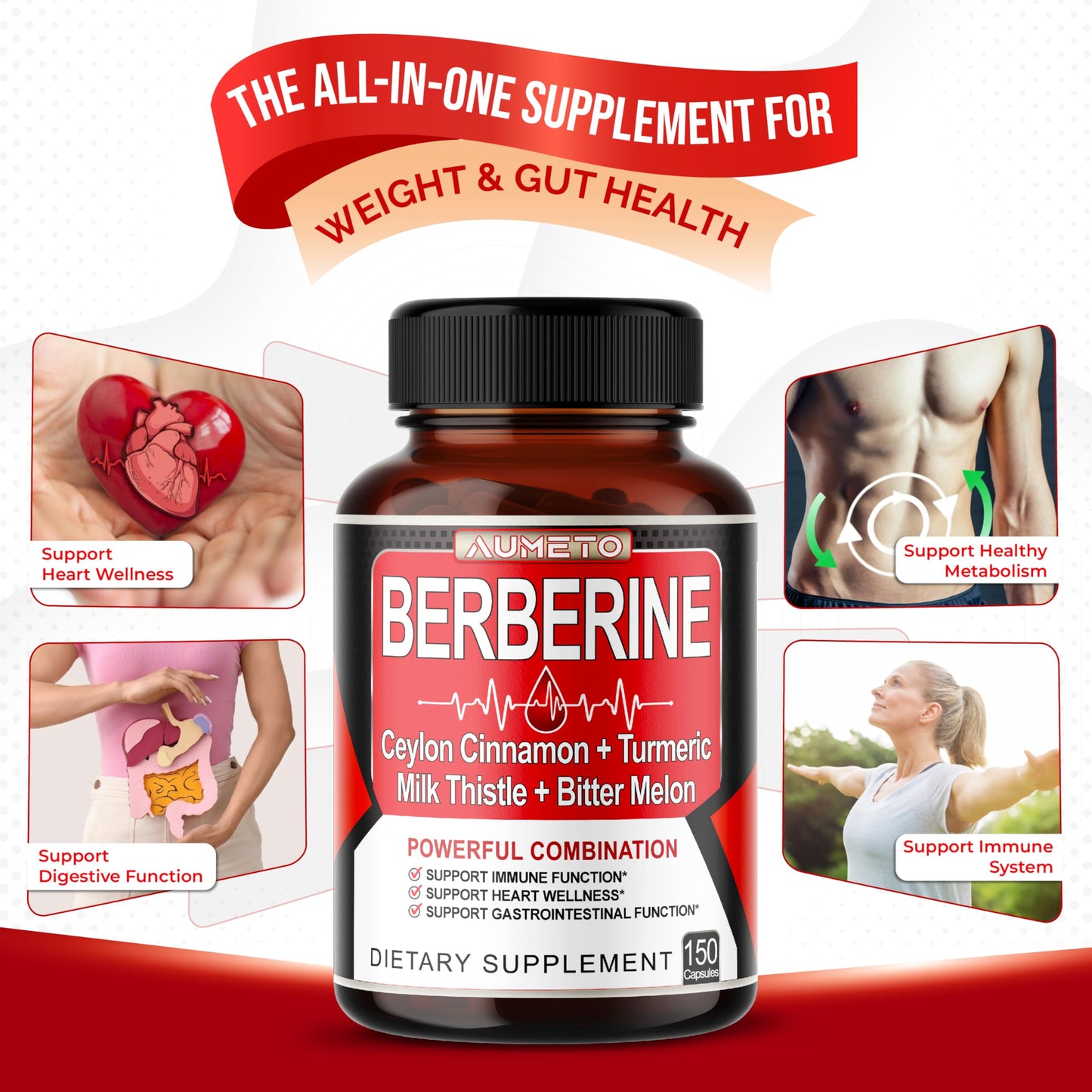 8 in 1 Berberine Supplement - Per Capsule Provides - Support Digestion, Immunity - with Ceylon Cinnamon, Milk Thistle, Turmeric, Bitter Melon - Medaid International