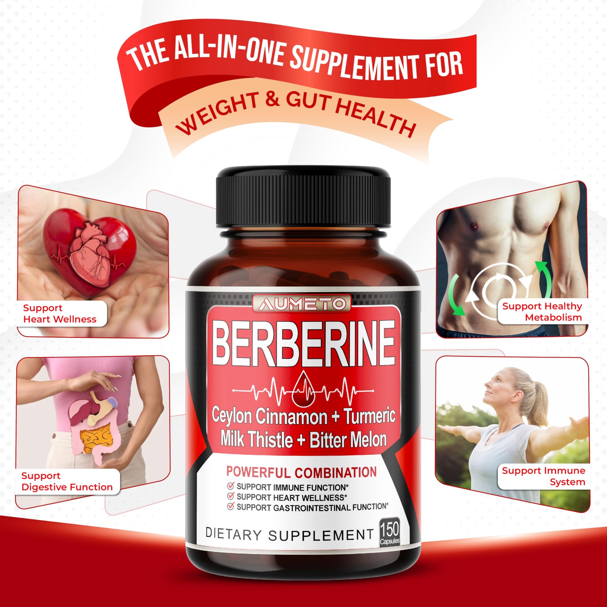 8 in 1 Berberine Supplement - Per Capsule Provides - Support Digestion, Immunity - with Ceylon Cinnamon, Milk Thistle, Turmeric, Bitter Melon - Medaid International