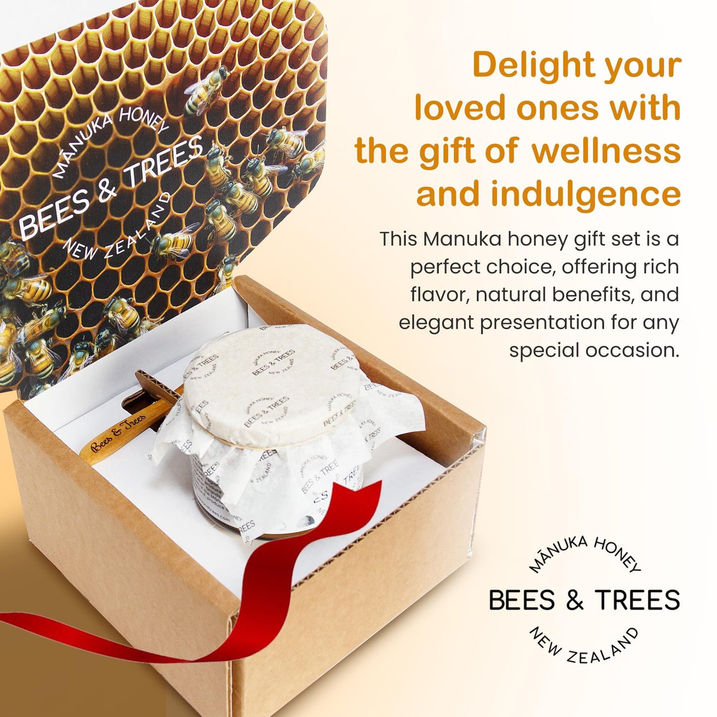 Bees & Trees Manuka Honey 350+ MGO – New Zealand Pure Monofloral, Raw – Premium & Minimally Processed for Health, Strength & Vitality – Unpasteurized Superfood in Gift Set – 380g (13.4oz) Glass Jar - Medaid International