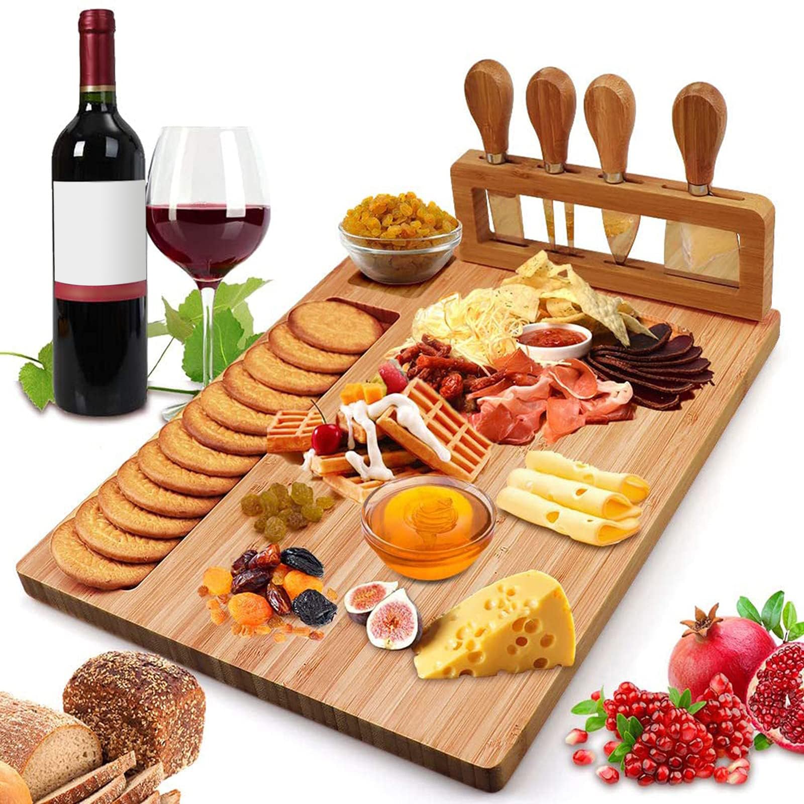 Widousy Bamboo Cheese Board Set, Cheese Tray, Charcuterie Board and Serving Meat Platter with 4 Stainless Steel Cheese Knives, Ideal for Wedding Gifts Christmas Birthday Party (14''x11'') - Medaid International