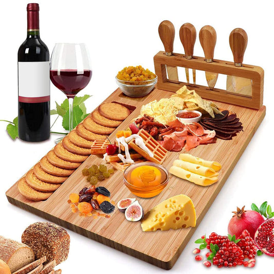 Widousy Bamboo Cheese Board Set, Cheese Tray, Charcuterie Board and Serving Meat Platter with 4 Stainless Steel Cheese Knives, Ideal for Wedding Gifts Christmas Birthday Party (14''x11'') - Medaid International