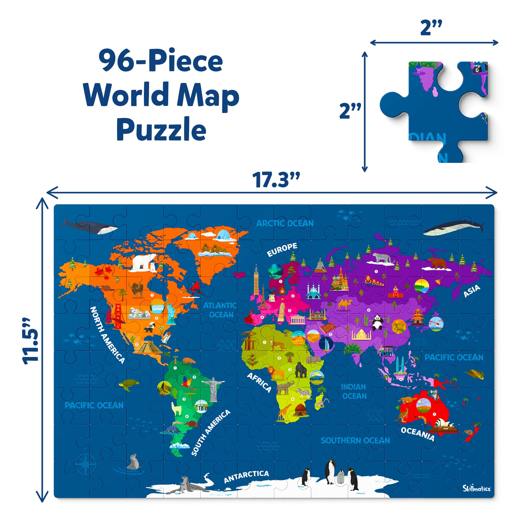 Skillmatics World Map Puzzle - 96 Piece Jigsaw Puzzle, Educational Toy, Geography for Kids, 400+ Facts, Gifts for Boys & Girls Ages 6 to 12 - Medaid International