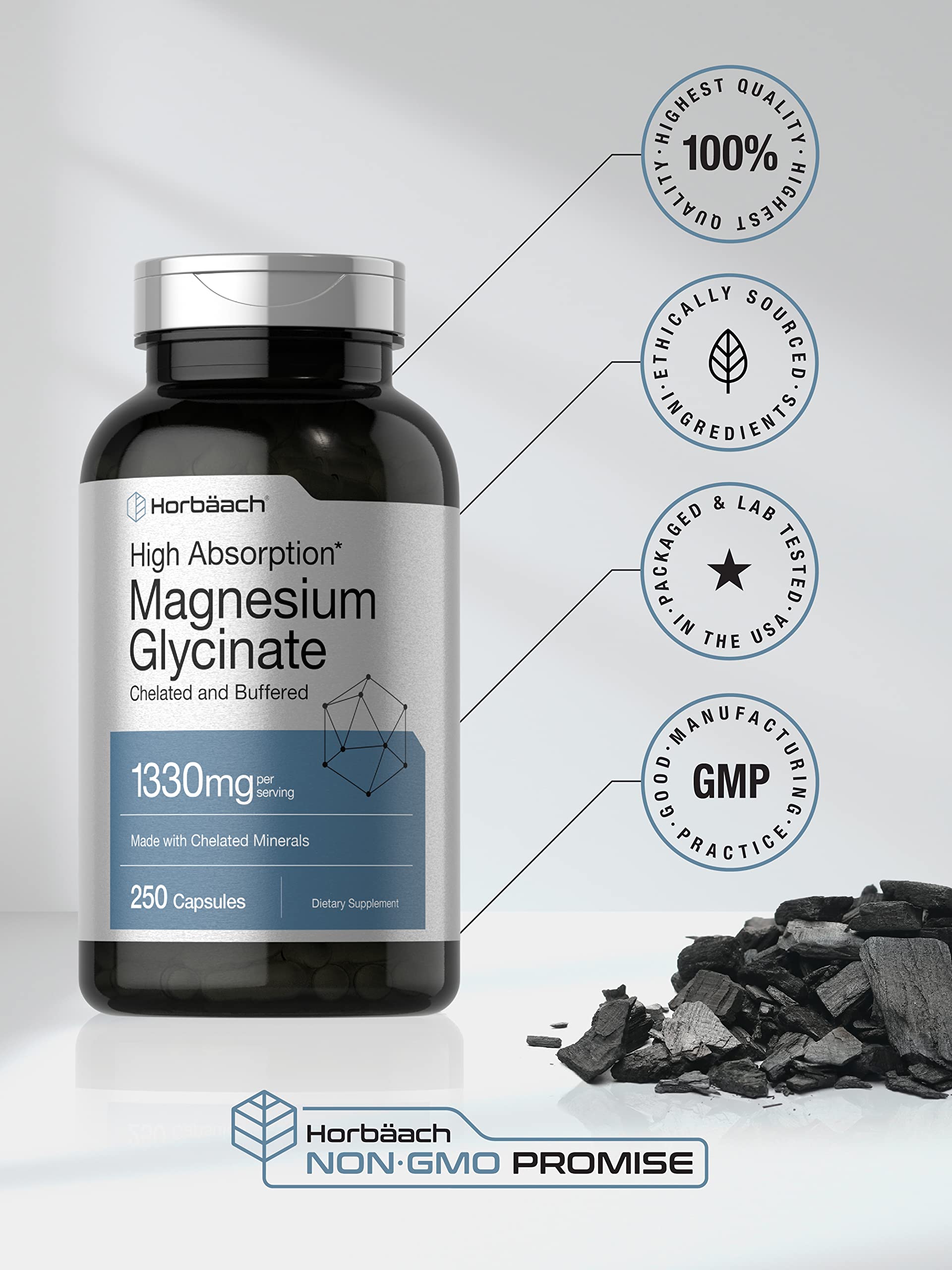 Horbäach Buffered Magnesium Glycinate | 1330mg | 250 Capsules | with Chelated Minerals | Non-GMO, Gluten Free - Medaid International