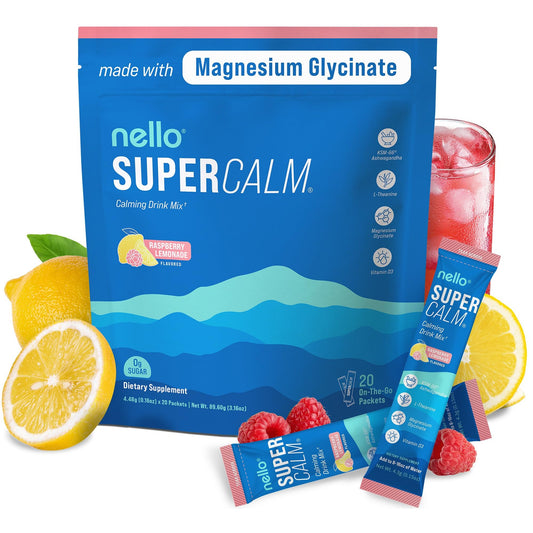 Nello Supercalm Powdered Drink Mix, Raspberry Lemonade, L Theanine, Ksm-66 Ashwagandha, Magnesium Glycinate, Vitamin D 3, Supplements for Relaxation & Focus, No Sugar, Non GMO, On The Go, 20 Ct - Medaid International