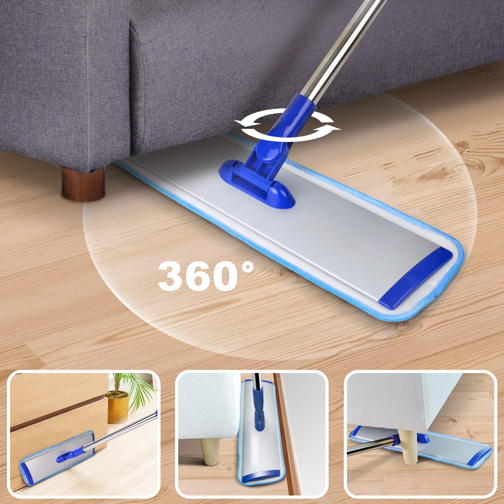 18" Professional Microfiber Mop Floor Cleaning System, Flat Mop with Stainless Steel Handle, 4 Reusable Washable Mop Pads, Wet and Dust Mopping for Hardwood, Vinyl, Laminate, Tile Cleaning - Medaid International