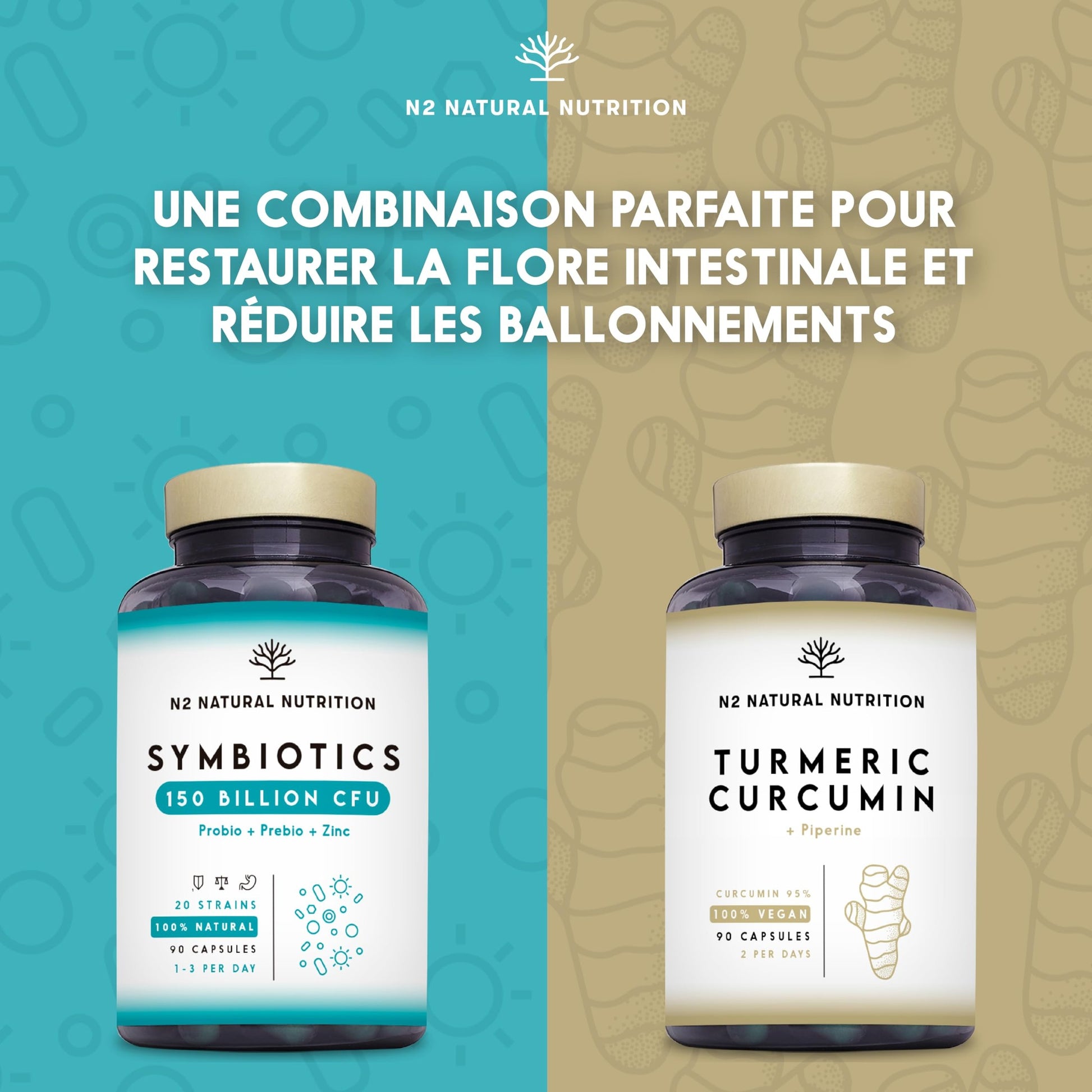 Probiotique Flore Intestinale 150 Milliards UFC, 20 Souches de Bactéries + Zinc + Inuline. Probiotiques pour la Régénération Digestive et Microbiote. 90 gélules, Végétalien. N2 Natural Nutrition - Medaid International