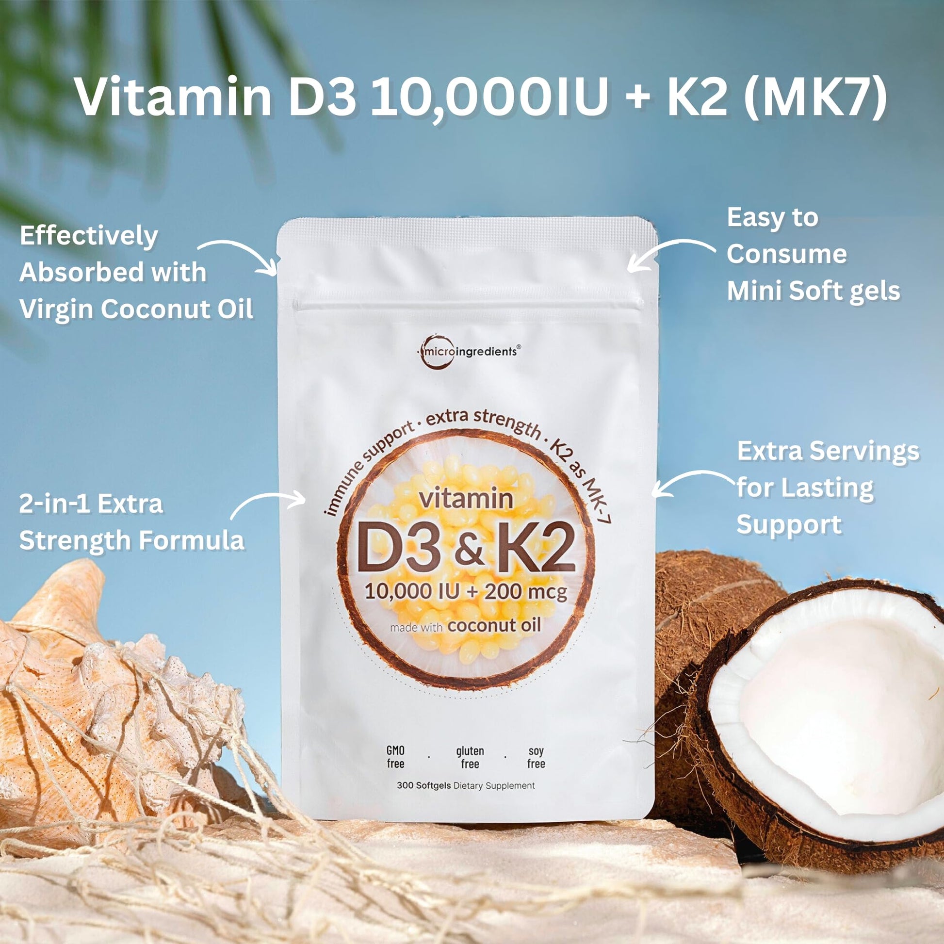 Micro Ingredients Vitamin D3 10,000 IU + K2 MK-7 200 mcg, 300 Softgels | Virgin Coconut Oil | 2-in-1 Bone, Immune & Heart Support | Easy to Swallow, Non-GMO - Medaid International