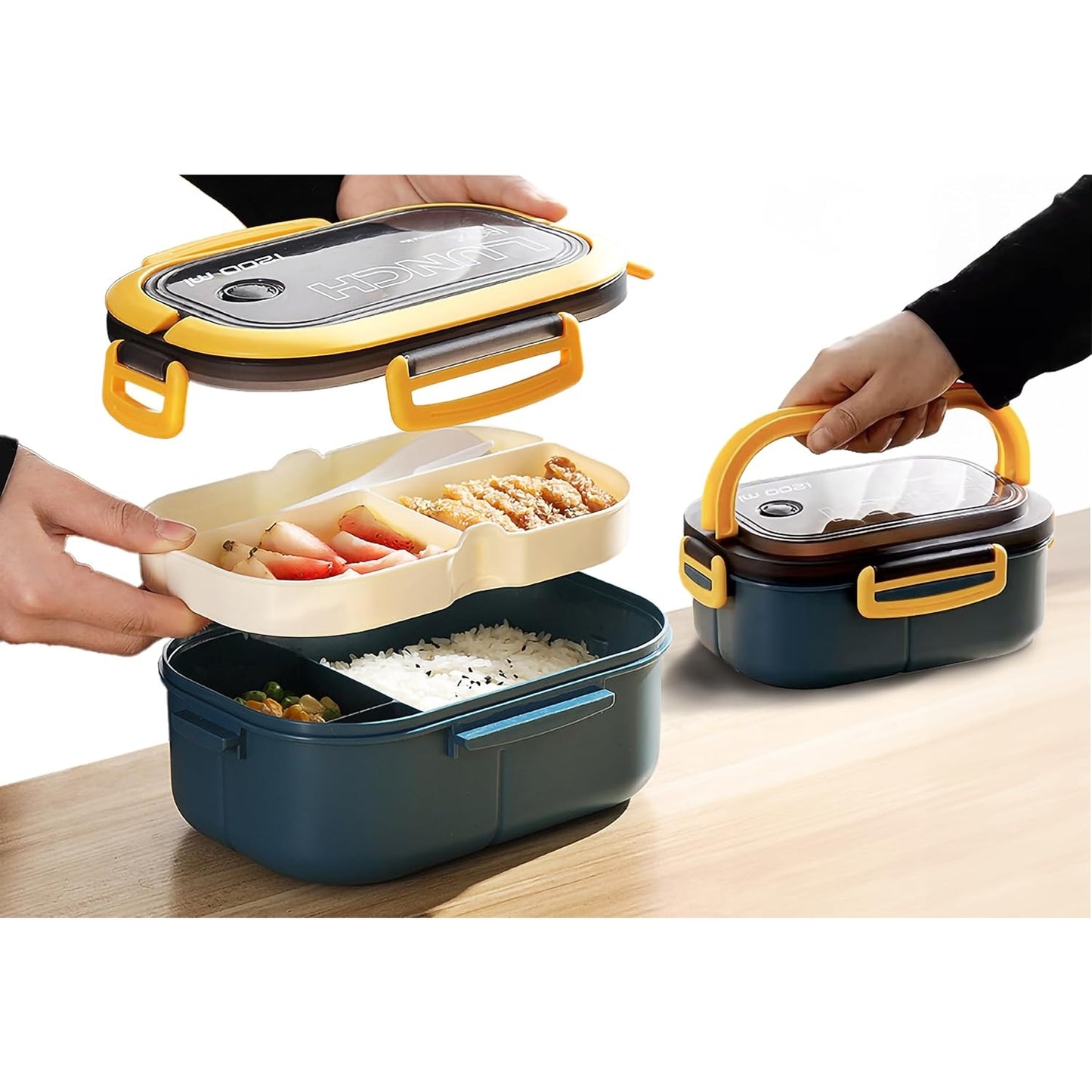 Yahaala Leak-Proof Bento Lunch Box - 2 Layers and 3 Compartments, Model: LunchMate - Microwave & Dishwasher Safe, Includes Spoon & Fork - Convenient Handle for School, Work, and Travel (Yellow/Blue) - Medaid