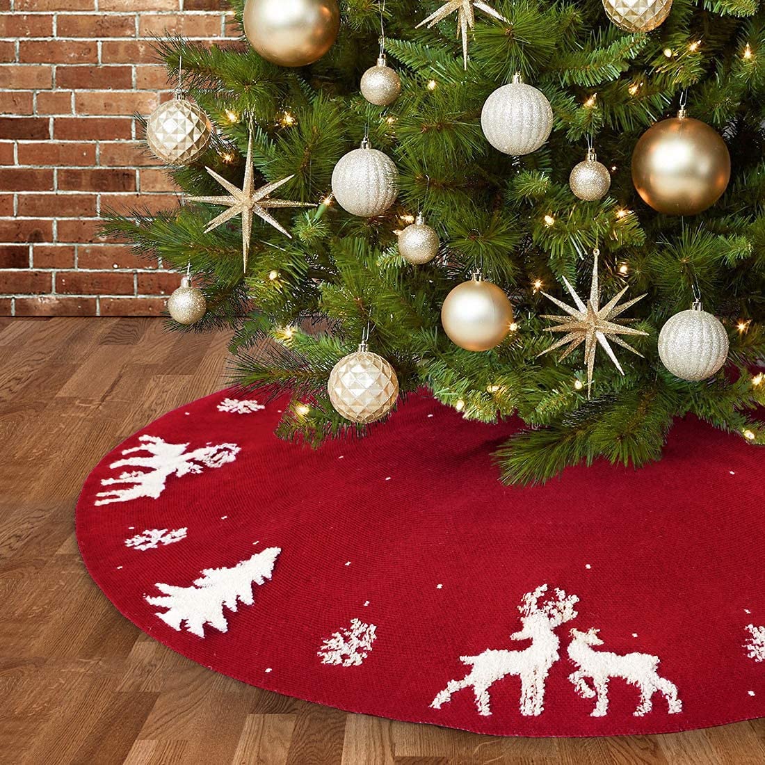 Dremisland Christmas Tree Skirt, Cable Knit Knitted Thick Rustic Tree Skirt for Xmas Holiday Decoration- 3D Elk and Christmas Tree (36in, Red) - Medaid International