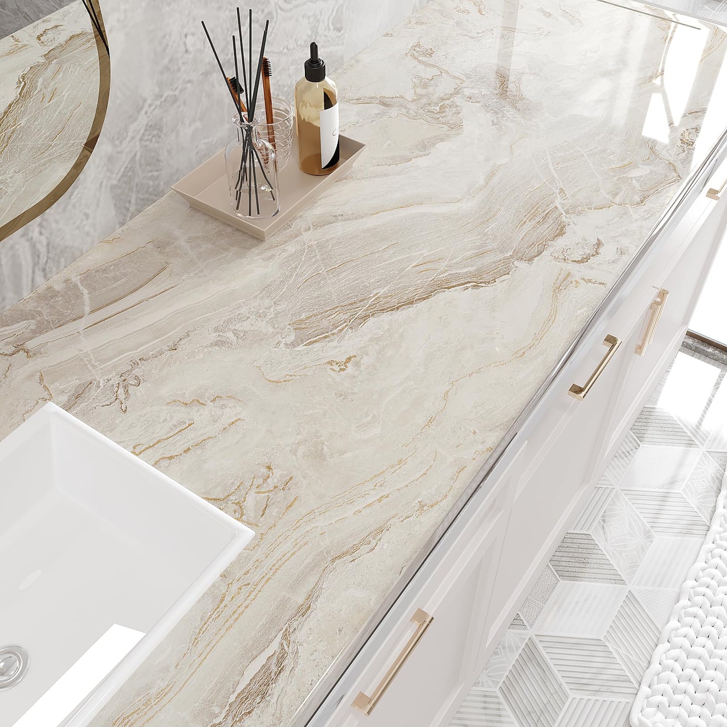 VEELIKE 15.7''x118'' Beige Gold Liquid Marble Contact Paper for Countertops Peel and Stick Waterproof Granite Countertop Paper Self Adhesive Marble Wallpaper Vinyl Roll for Kitchen Bathroom Table Wall - Medaid International