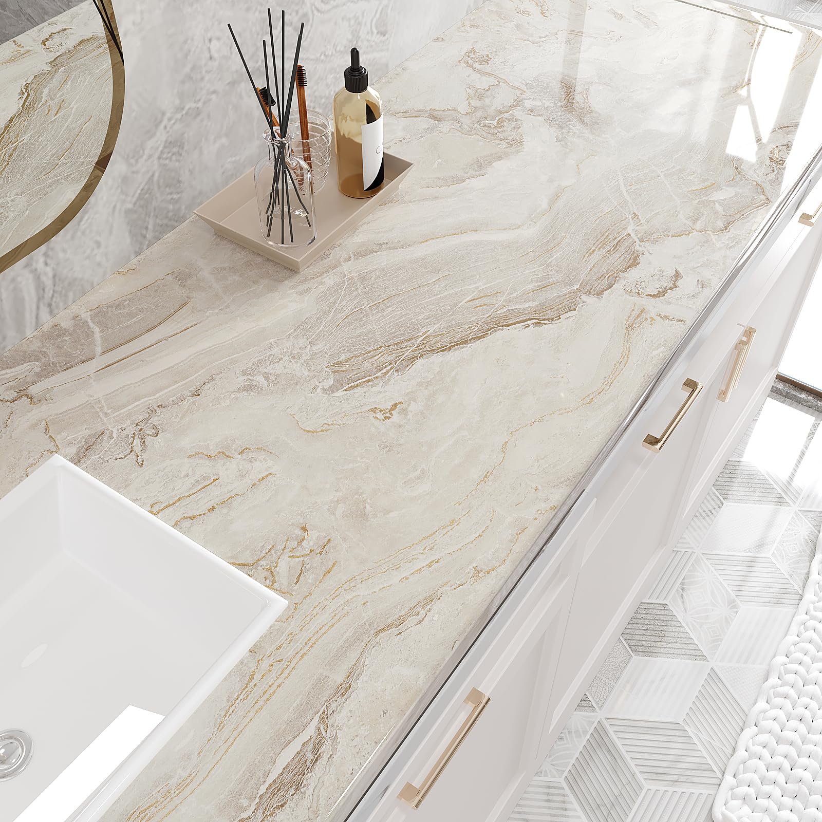 VEELIKE 15.7''x118'' Beige Gold Liquid Marble Contact Paper for Countertops Peel and Stick Waterproof Granite Countertop Paper Self Adhesive Marble Wallpaper Vinyl Roll for Kitchen Bathroom Table Wall - Medaid International