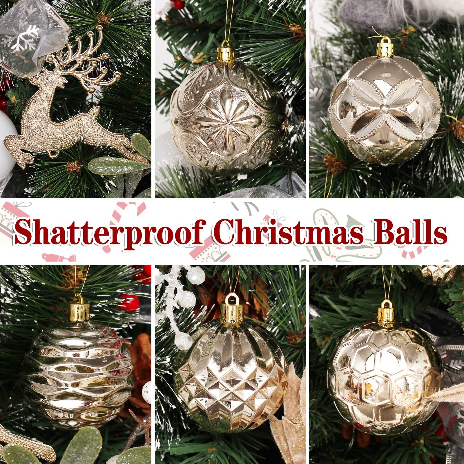 Christmas Tree Ornaments Set, 50 ct Champagne and White Xmas Ornaments Balls for Christmas Tree Decorations Shatterproof Xmas Hanging Ball for Halloween Party Home Decor (Hooks Included) - Medaid International