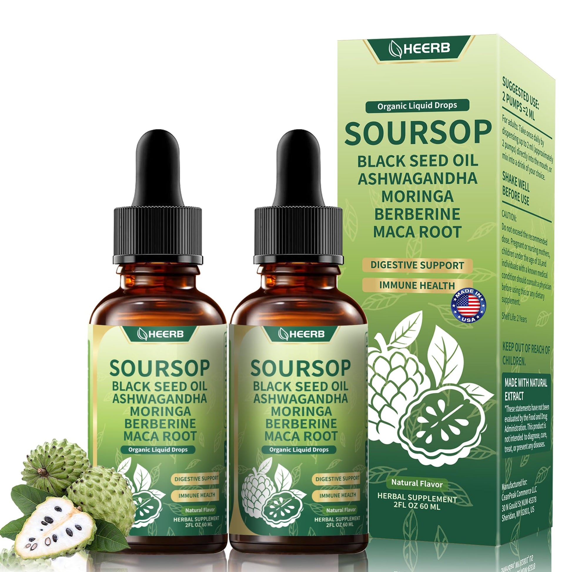 HEERB Organic Soursop Bitters Liquid – 4 Steps Detox Blend with Black Seed Oil, Ashwagandha, Moringa, Berberine, Maca Root | Pure Soursop Drops Supports Digestion, Energy & Overall Wellness (4 Fl Oz) - Medaid International