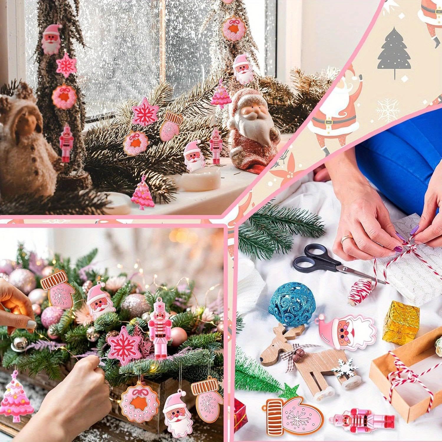 12Pcs Christmas Hanging Ornaments, Cute Pink Glove Traditional Snowman and Santa Designs for Xmas Tree and Party Supplies - Medaid International