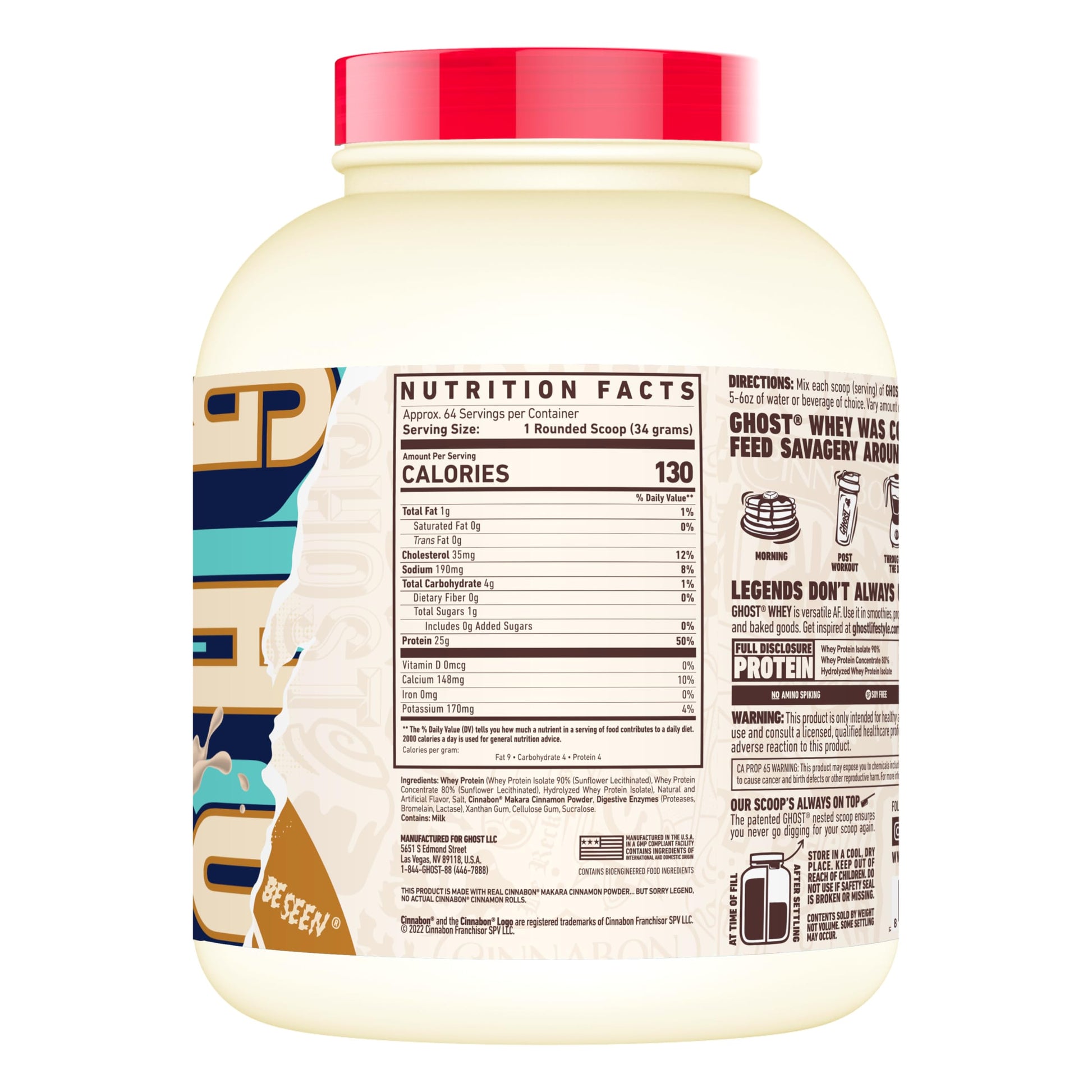 GHOST Whey Protein Powder, Cinnabon - 5LB, 25G of Protein - Cinnamon Roll Flavored Isolate, Concentrate & Hydrolyzed Whey Protein Blend - Post Workout Shakes - Soy & Gluten Free - Medaid International