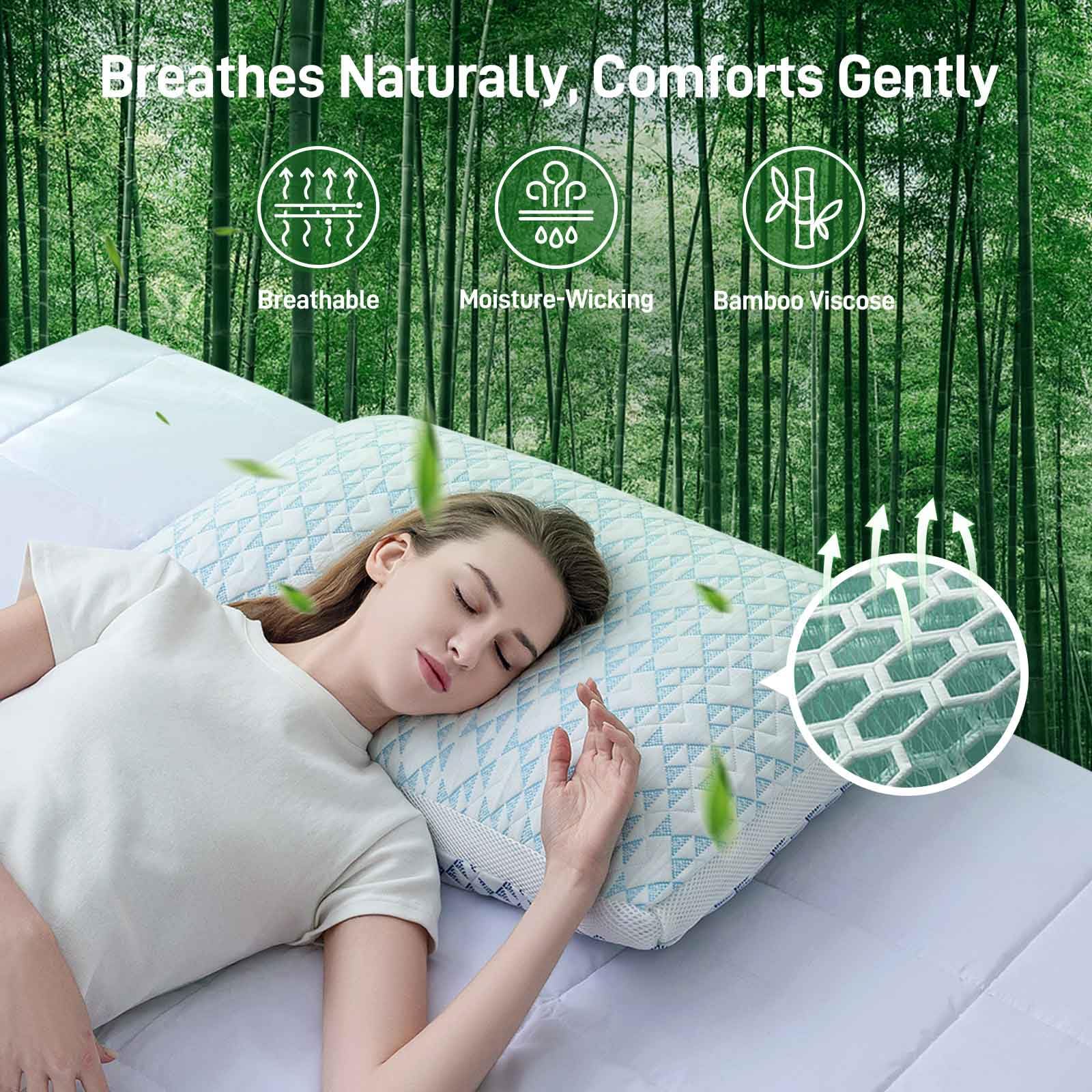 Caelorin Shredded Memory Foam Cooling Soft Bamboo Viscose Pillows Queen Size Set of 2, Adjustable Hypoallergenic Hotel Quality Bed Pillows for Side, Stomach and Back Sleeper, Oeko-TEX Certified - Medaid International