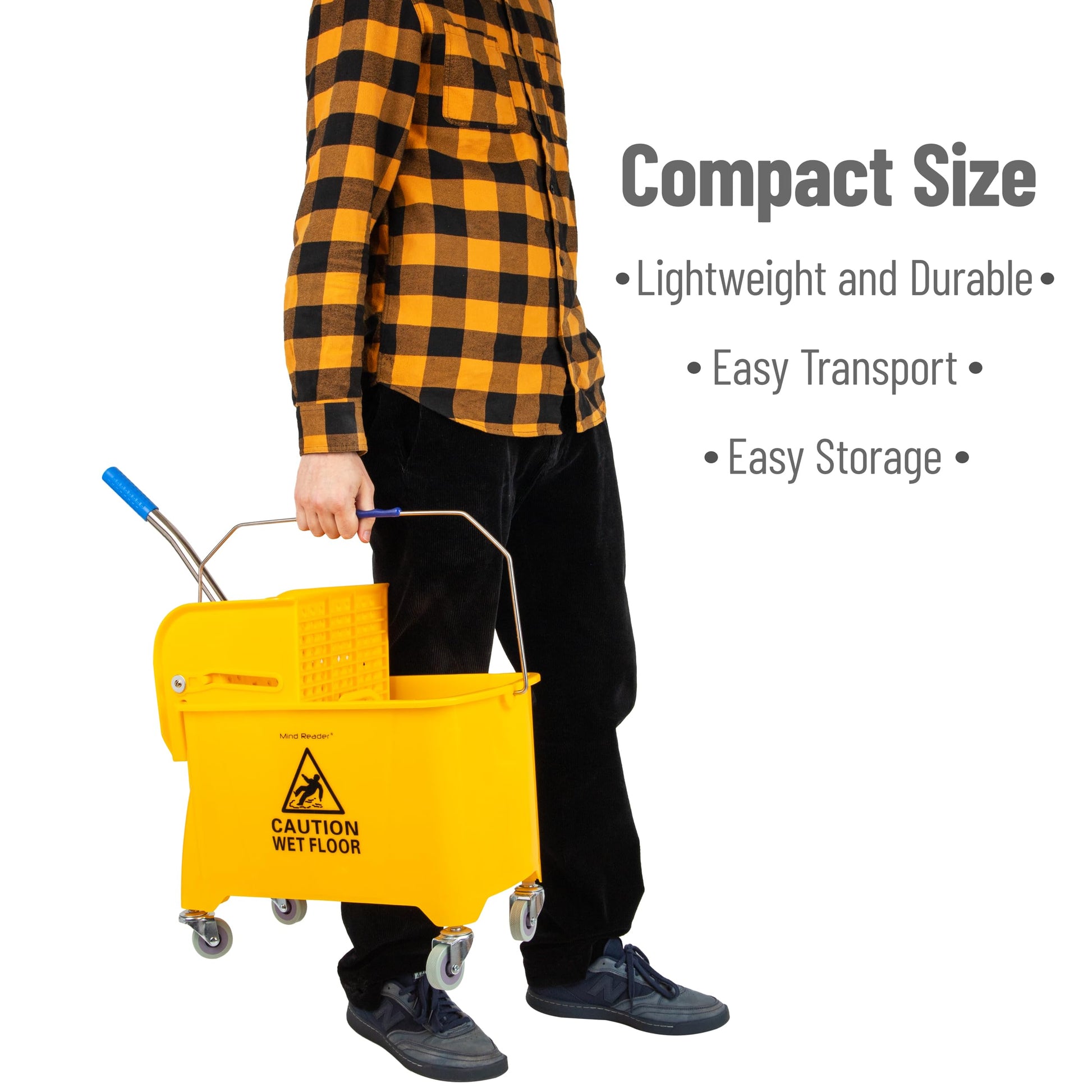 Mind Reader Mop Bucket with Wringer, 22 Qt (5.5 Gallon), Floor Cleaning, Handle, Wheels, 16.25"L x 10.75"W x 24.5"H, Yellow - Medaid International
