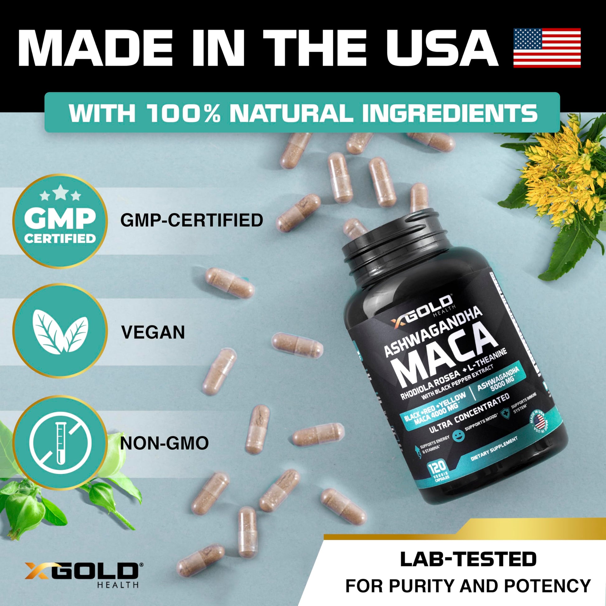 Ashwagandha 5,000mg + Maca Root Black, Red, Yellow 4,000mg, Rhodiola & L-Theanine: 30:1 Extract Ashwagandha Capsules, 20:1 Extract Maca Root Capsules - Supplement for Men and Women - Medaid International