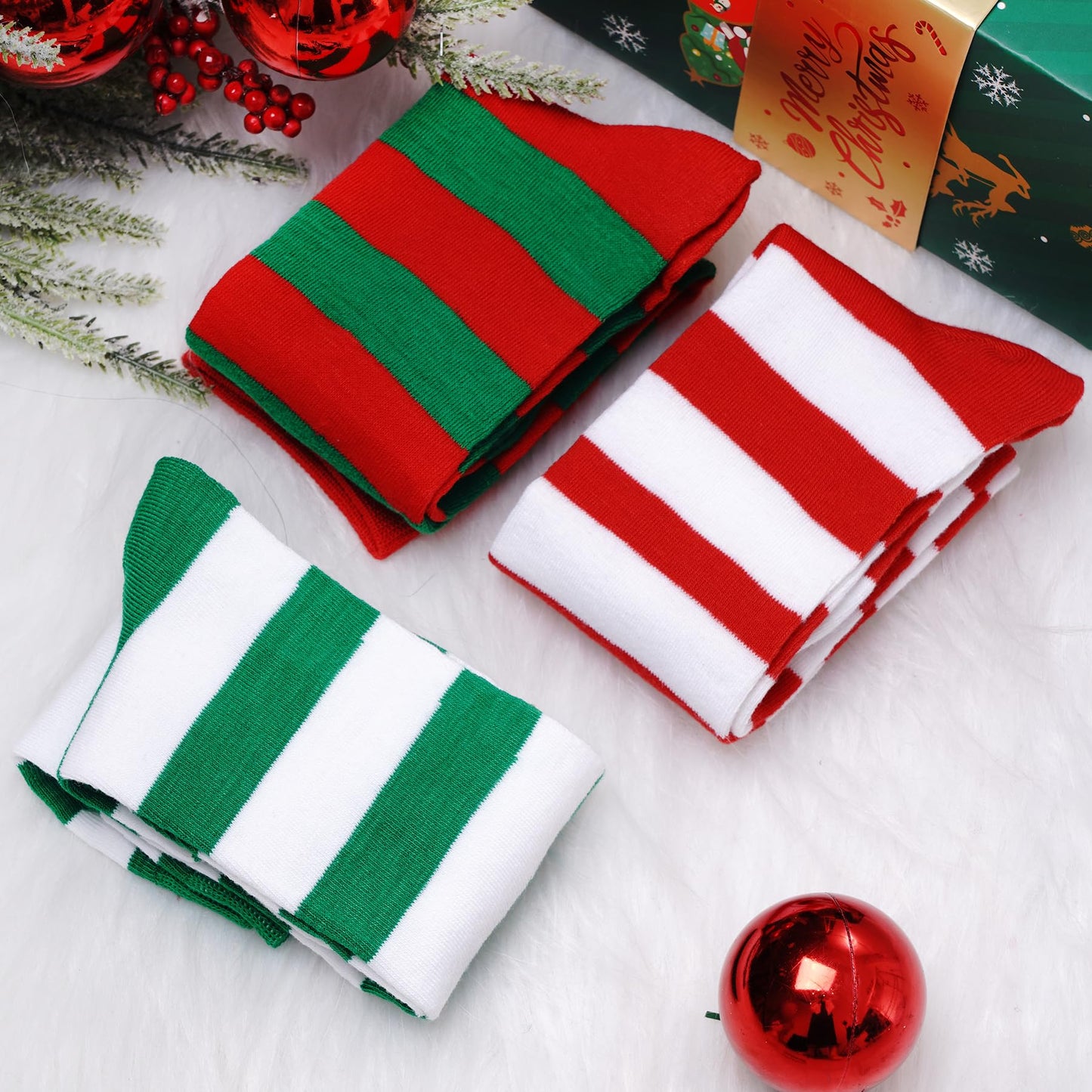 Dxhycc 3 Pairs Christmas Striped Knee High Socks Elf Candy Long Xmas Socks for Girls Boys Halloween Christmas Party - Medaid International