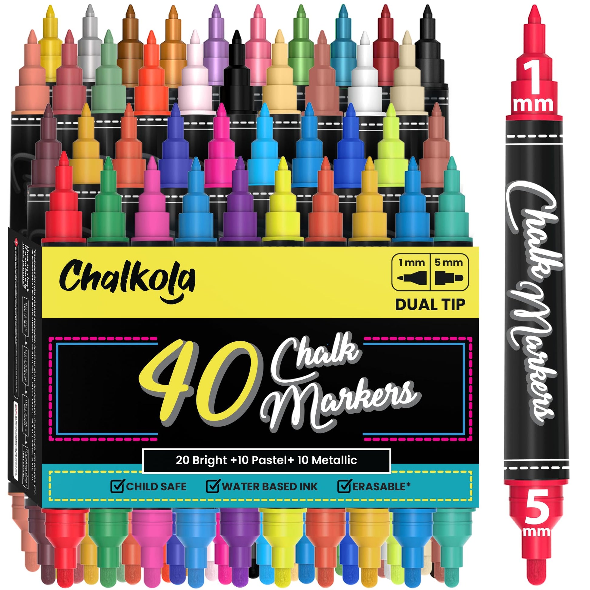 Chalkola Dual Tip Liquid Chalk Markers for Blackboard - (40 Pack, 1mm Fine Tip +5mm Bold) | Wet Erase, Erasable Chalkboard Markers, Chalk Pen for Signs, Car Windows, Wall Calendar, Glass, Board - Medaid International