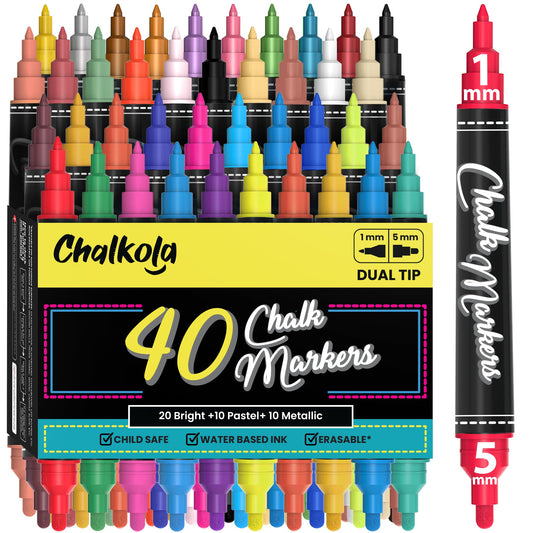 Chalkola Dual Tip Liquid Chalk Markers for Blackboard - (40 Pack, 1mm Fine Tip +5mm Bold) | Wet Erase, Erasable Chalkboard Markers, Chalk Pen for Signs, Car Windows, Wall Calendar, Glass, Board - Medaid International