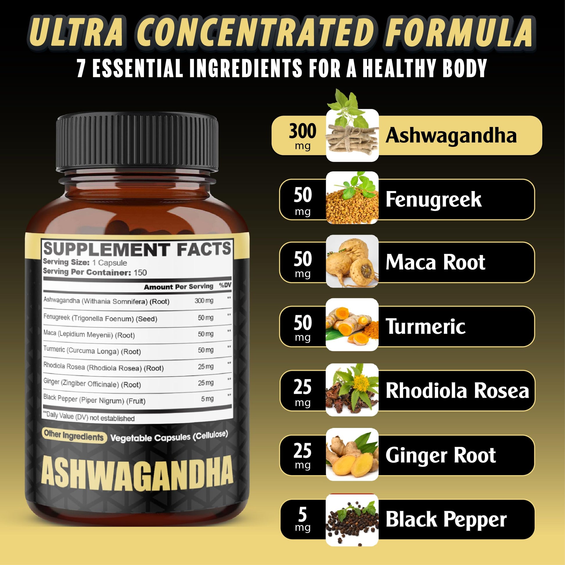 Ashwagandha Extract Capsules 7 Herbal Ingredients 8050 mg - Blended Fenugreek, Maca, Turmeric, Rhodiola, Ginger & Black Pepper - Sleep, Spirit, Immune & Energy Support - 5-Month Supply - Medaid International