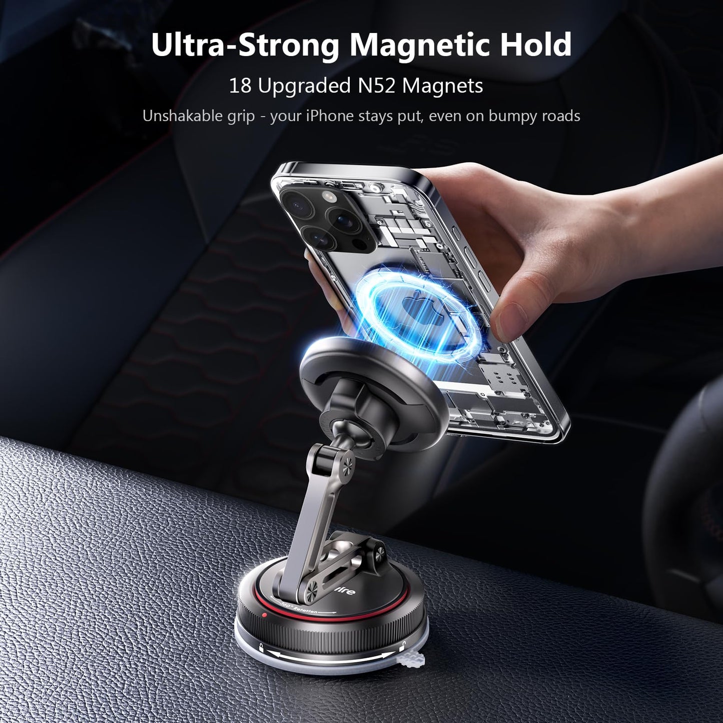 SYNCWIRE for MagSafe Car Mount [3-Axis Design] Strong Suction Cup Magnetic Phone Holder, 360° Rotation, Compatible with iPhone 17 Pro Max 16 15 14 13 12, Samsung, Matte Black - Medaid International