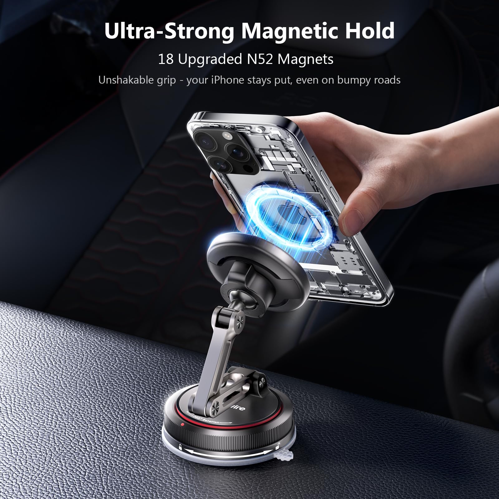SYNCWIRE for MagSafe Car Mount [3-Axis Design] Strong Suction Cup Magnetic Phone Holder, 360° Rotation, Compatible with iPhone 17 Pro Max 16 15 14 13 12, Samsung, Matte Black - Medaid International
