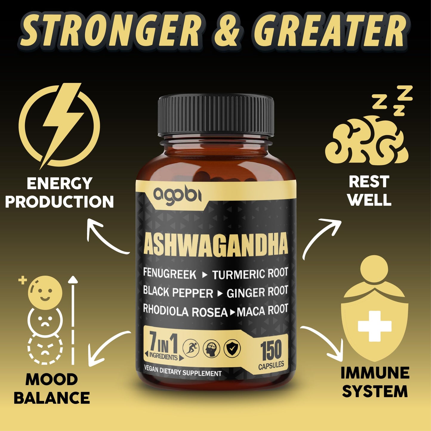 Ashwagandha Extract Capsules 7 Herbal Ingredients 8050 mg - Blended Fenugreek, Maca, Turmeric, Rhodiola, Ginger & Black Pepper - Sleep, Spirit, Immune & Energy Support - 5-Month Supply - Medaid International