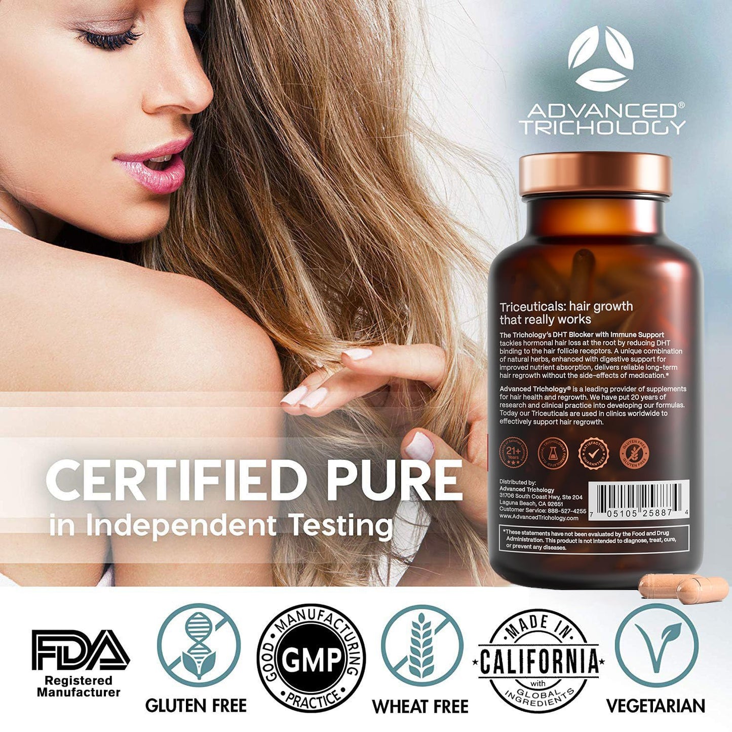 Advanced Trichology DHT Blocker - Hair Growth Supplement for Genetic Thinning for Men and Women | Approved* by American Hair Loss Association - 120 Count (Pack of 1) - Medaid International