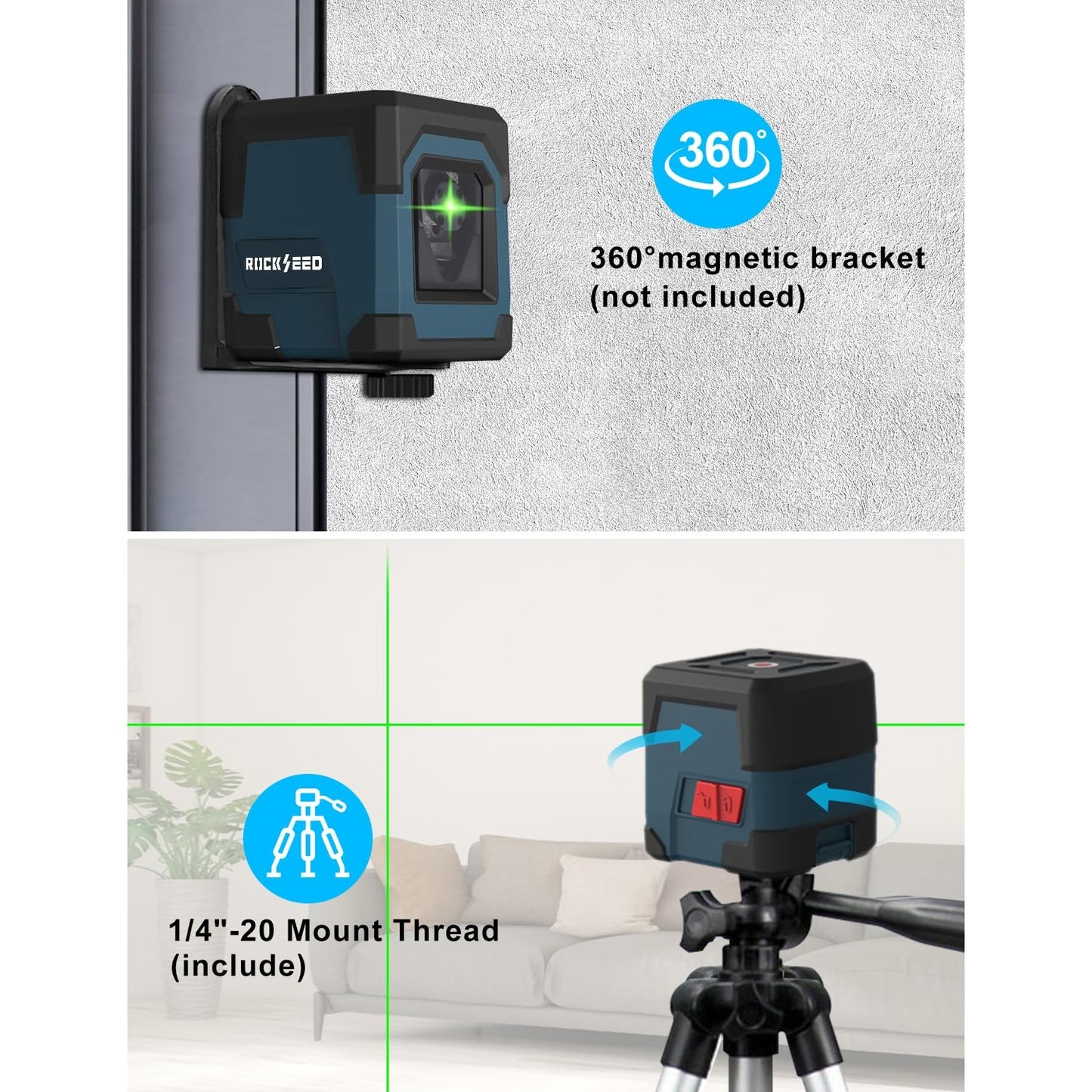 Laser Level, RockSeed Cross Line Laser with Self-Leveling, Vertical and Horizontal Line, Rotatable 360 Degree, Carrying Pouch, Battery Included (Green with27 inch Tripod) - Medaid International