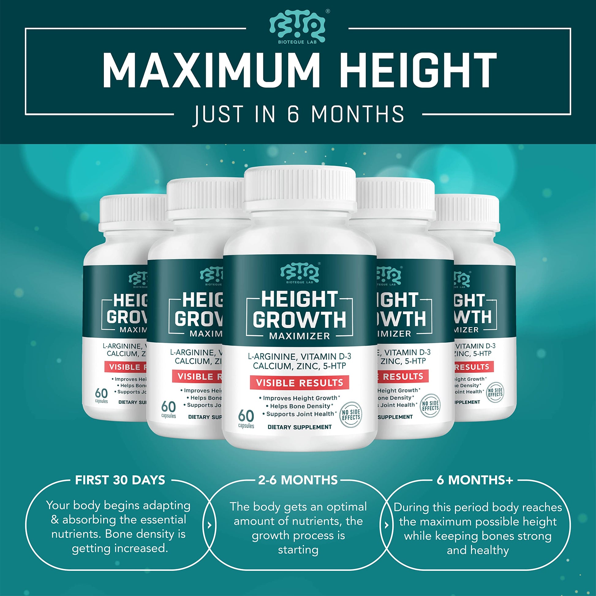 BIOTEQUELAB Height Growth Maximizer, Calcium, Vitamin D3 and Zinc Blend Pills, Bone Growth Supplement for Kids and Teens, Bone Strength, Density Support, GMO-Free, Gluten-Free, Made in USA, 60 Caps - Medaid International