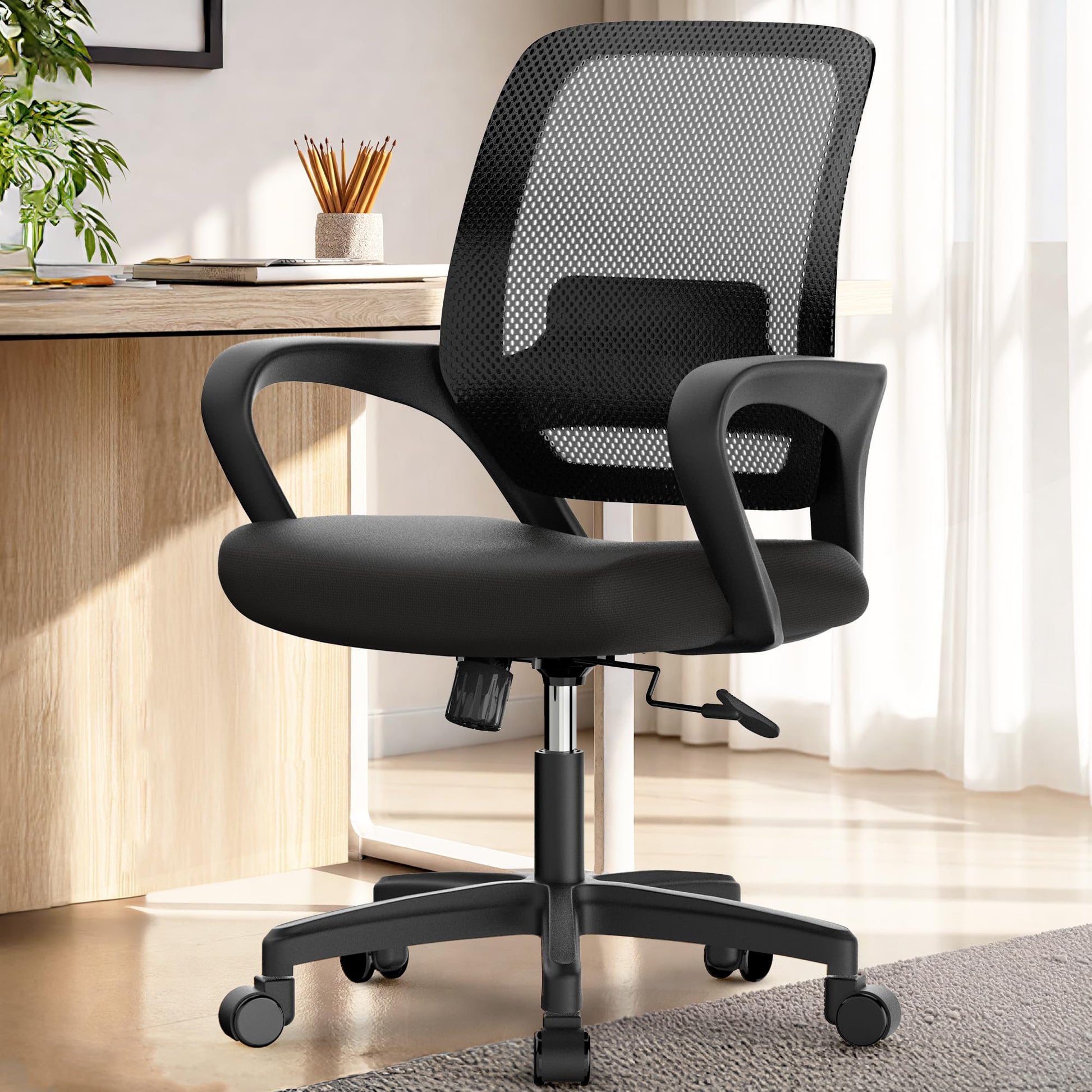NEO Chair Office Desk Mesh Chair Ergonomic Computer Mid-Back Chair with Comfy Lumbar Support Wheels Swivel Adjustable Height Rolling for Home Vanity Bedroom Study (All Black) - Medaid International