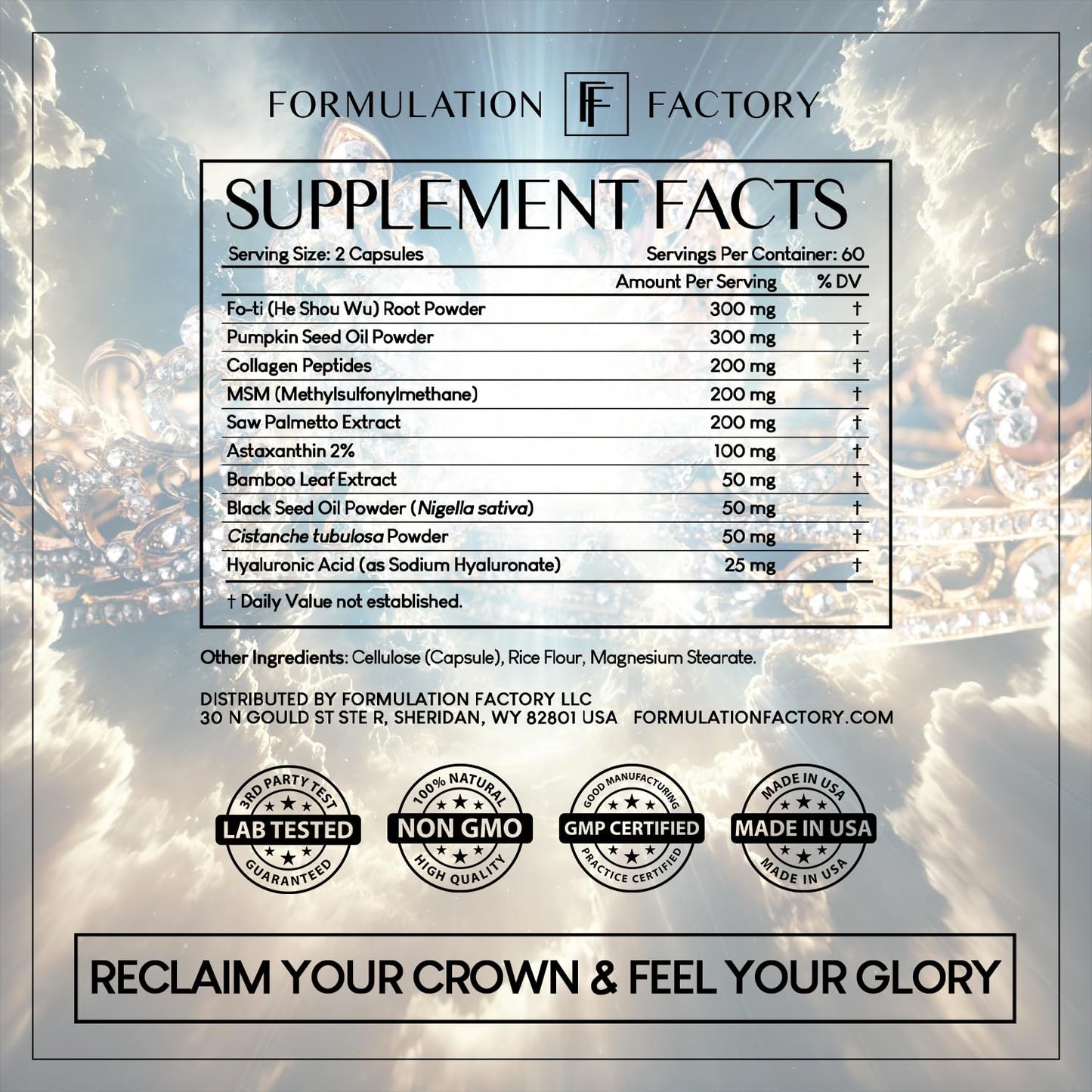 Formulation Factory Crown of Glory 10-in-1 Hair Growth Maximizer, DHT Blocker with Saw Palmetto, Fo-Ti, Collagen, Supports Thicker Hair & Scalp Health (2 Month Supply, 120 Capsules) - Medaid International