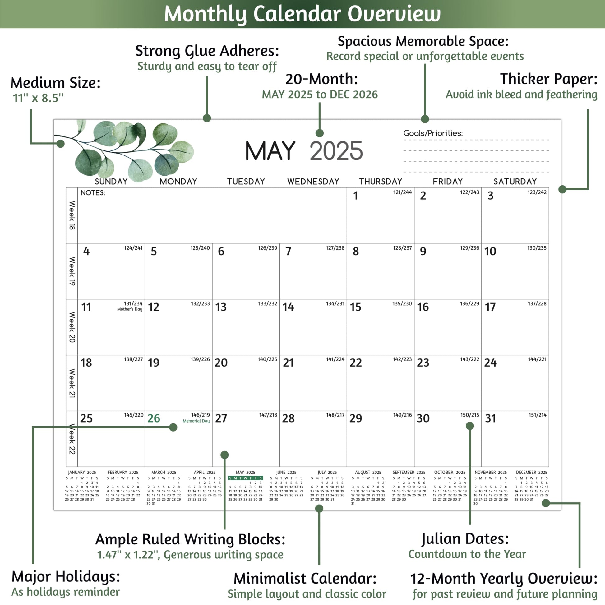 2025-2026 Magnetic Calendar for Refrigerator - Run Now to Dec 2026, 11'' x 8.5'', 2026 Monthly Calendar with Strong Magnets, Thicker Paper, Hard Cardboard, Priorities ＆ Notes, Yearly Overview - Medaid International