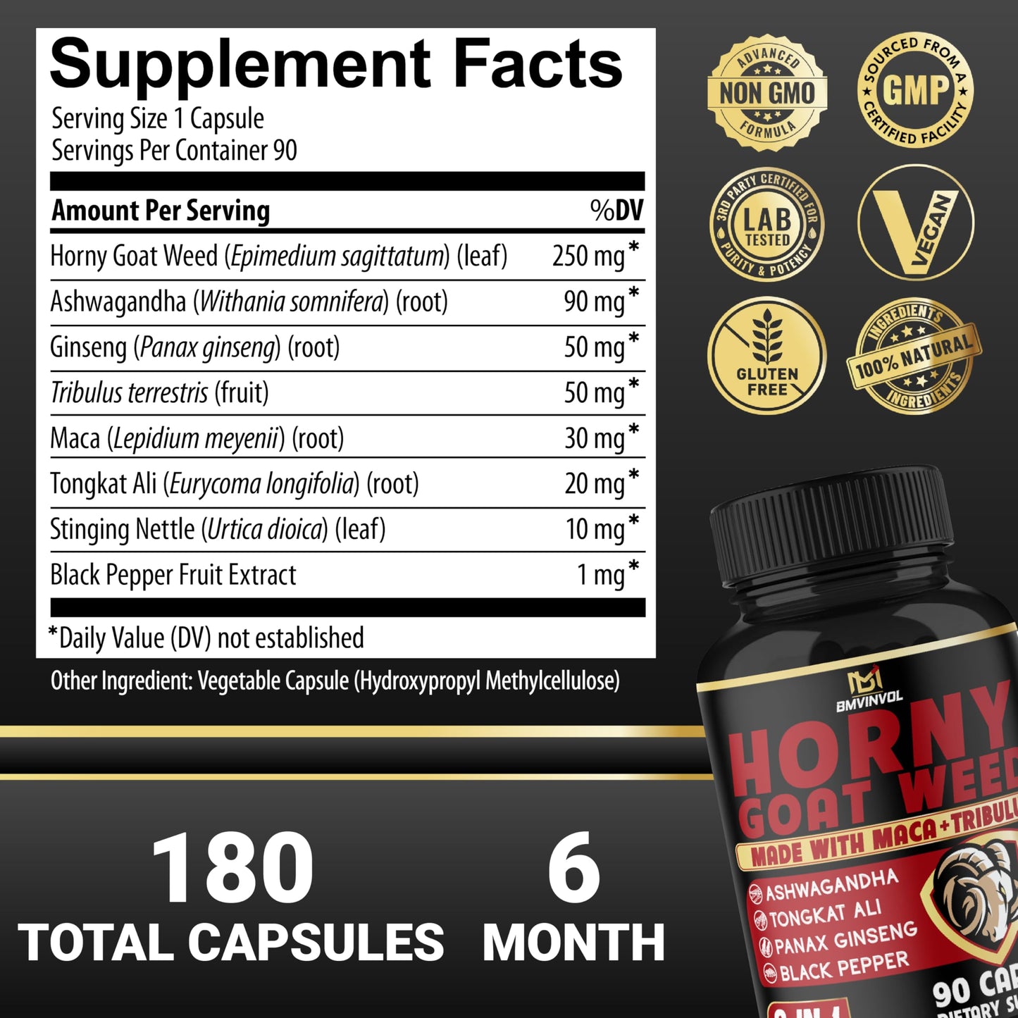 BMVINVOL 2Packs Horny Goat Weed Capsules - 180 Capsules for 6 Month Supply - Maca, Ginseng, Tribulus Terrestris, Ashwagandha - Medaid International