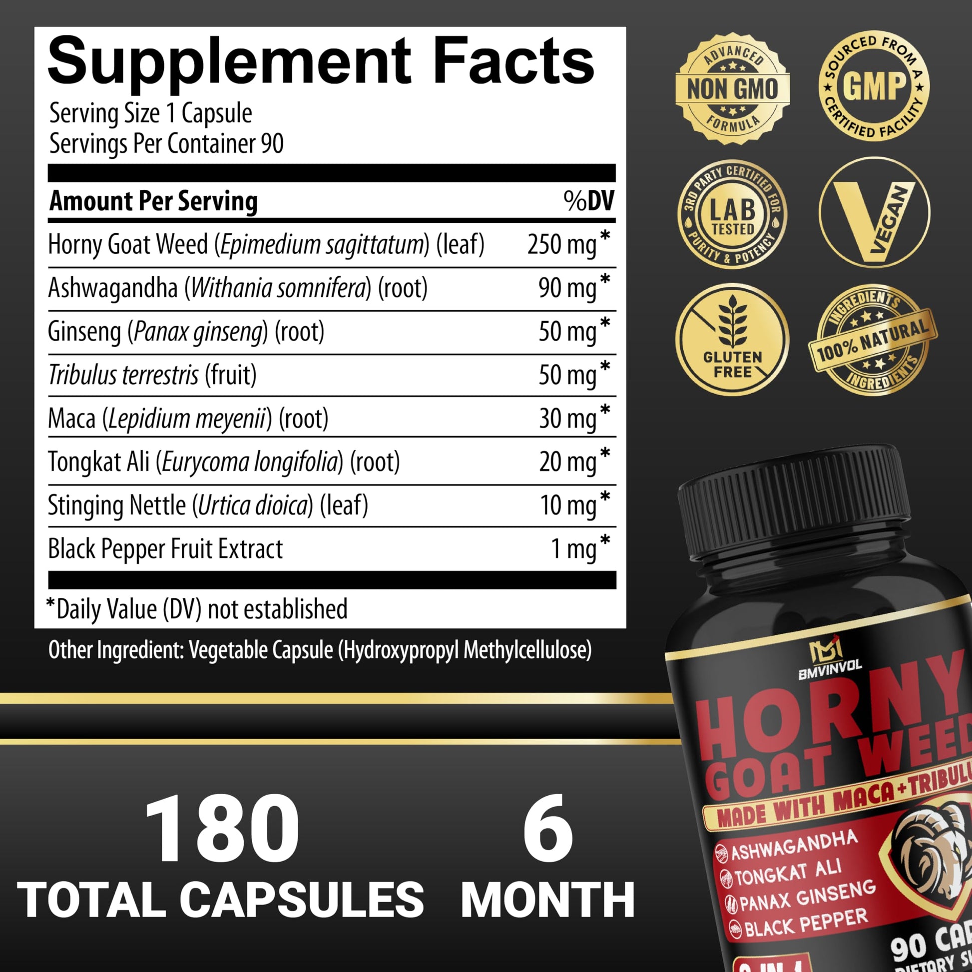 BMVINVOL 2Packs Horny Goat Weed Capsules - 180 Capsules for 6 Month Supply - Maca, Ginseng, Tribulus Terrestris, Ashwagandha - Medaid International