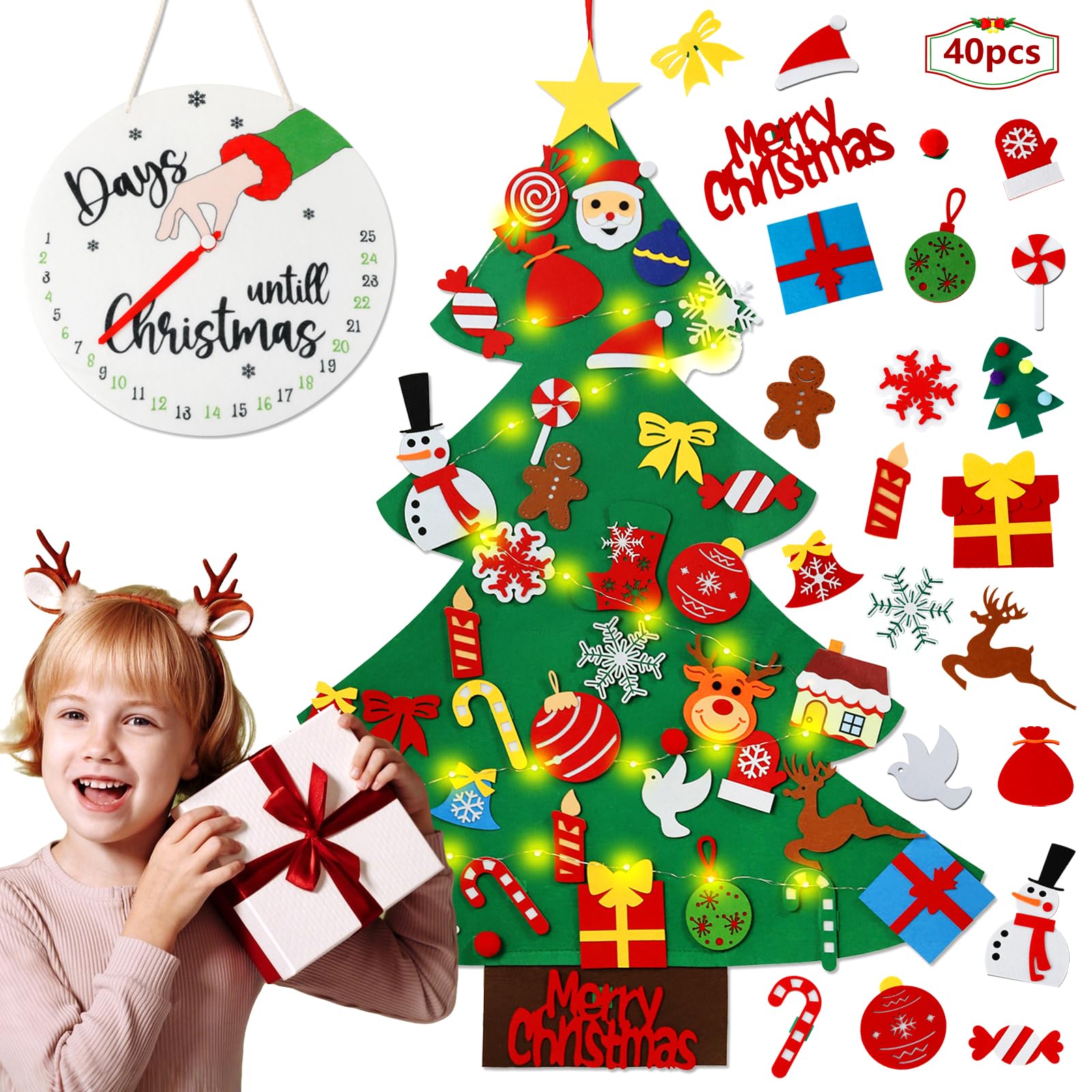 DIY Felt Christmas Tree for Kids, 2025 Advent Calendar Countdown with Accessories Xmas Tree Detachable Wall Hanging Ornaments and String for Xmas Decorations Gifts for Toddlers - Medaid International